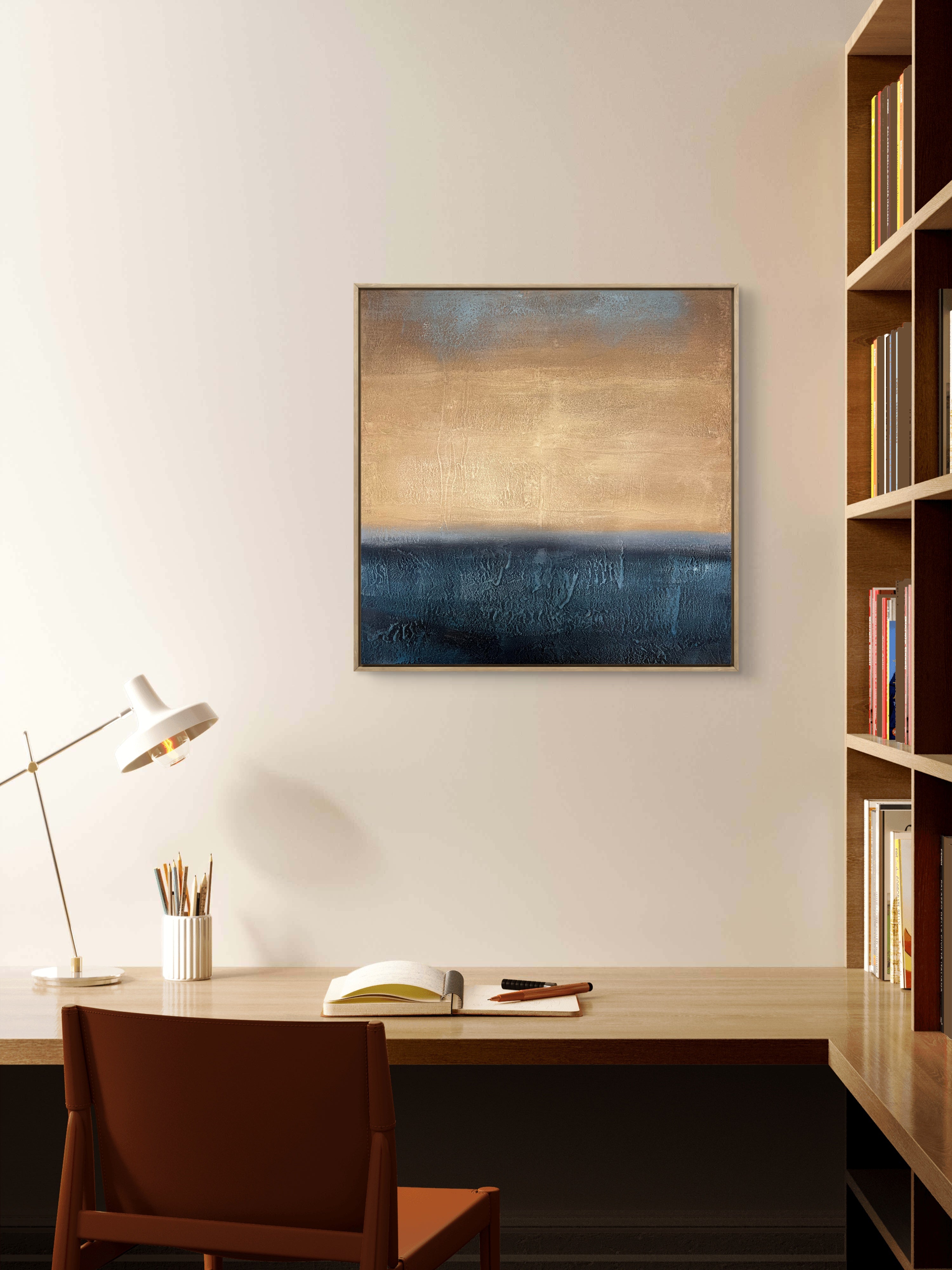 Golden Horizon Texture / Textured Abstract Canvas Wall Art in Gold & Deep Blue | Modern Home Décor