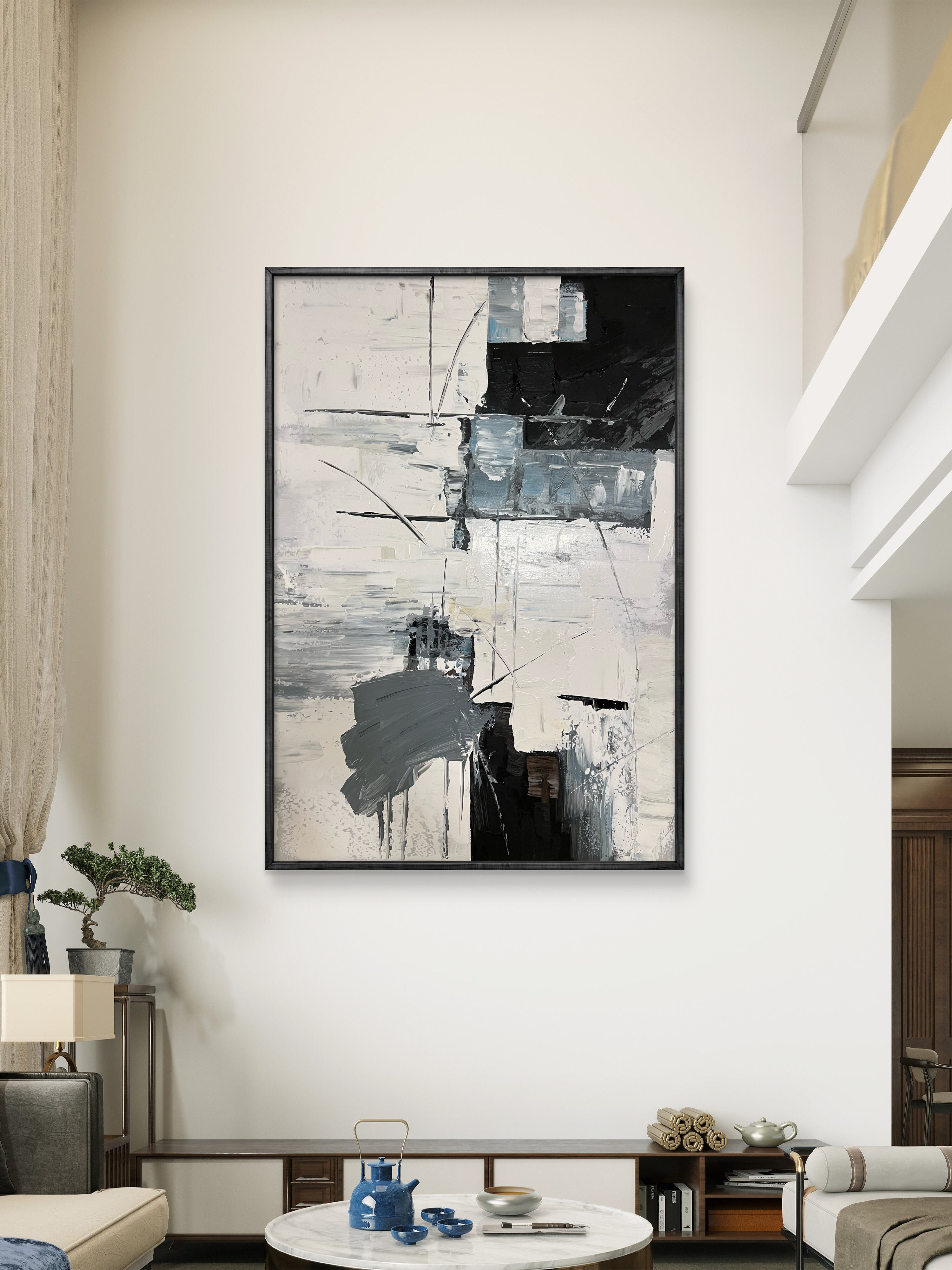 Structured Rhythm Texture / Textured Abstract Canvas Wall Art in Black, White & Grey | Modern Home Décor