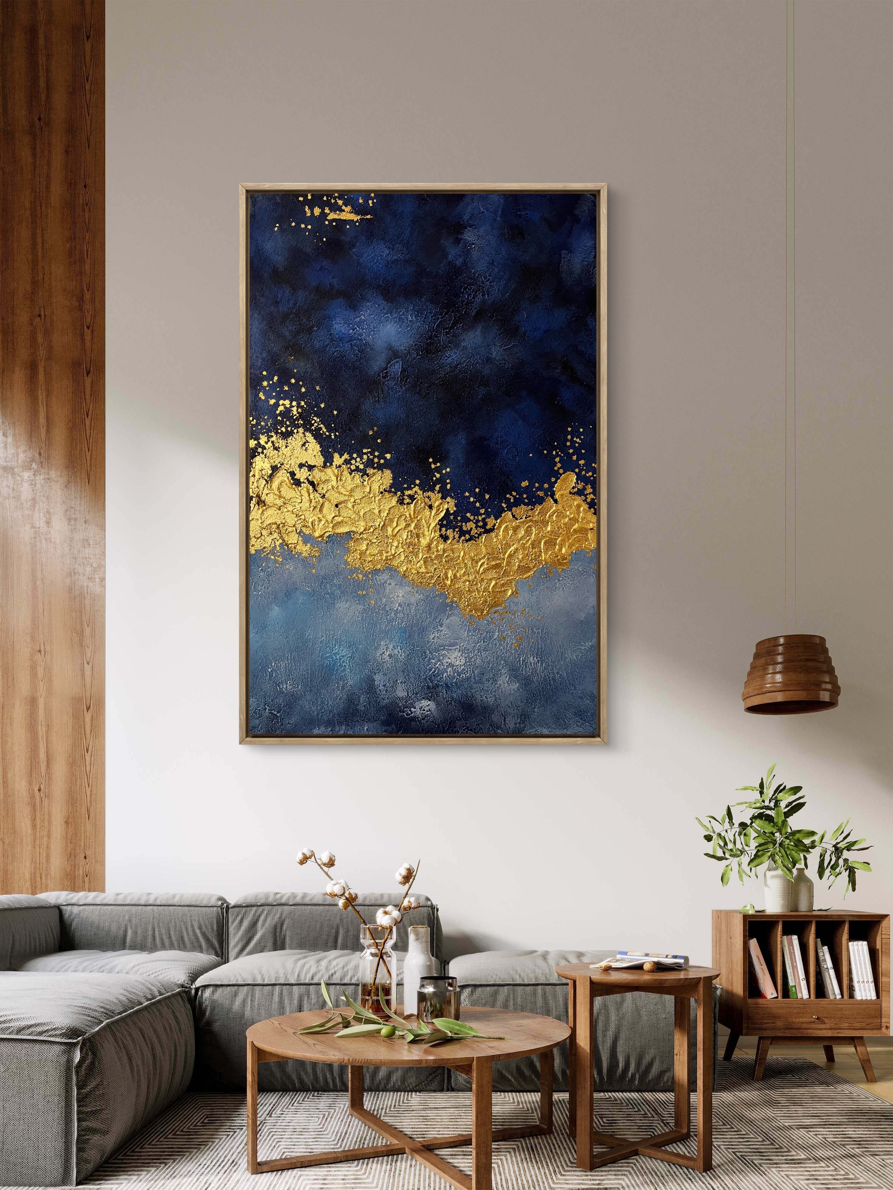 Midnight Gold Texture / Textured Abstract Canvas Wall Art in Navy Blue & Gold | Modern Home Décor