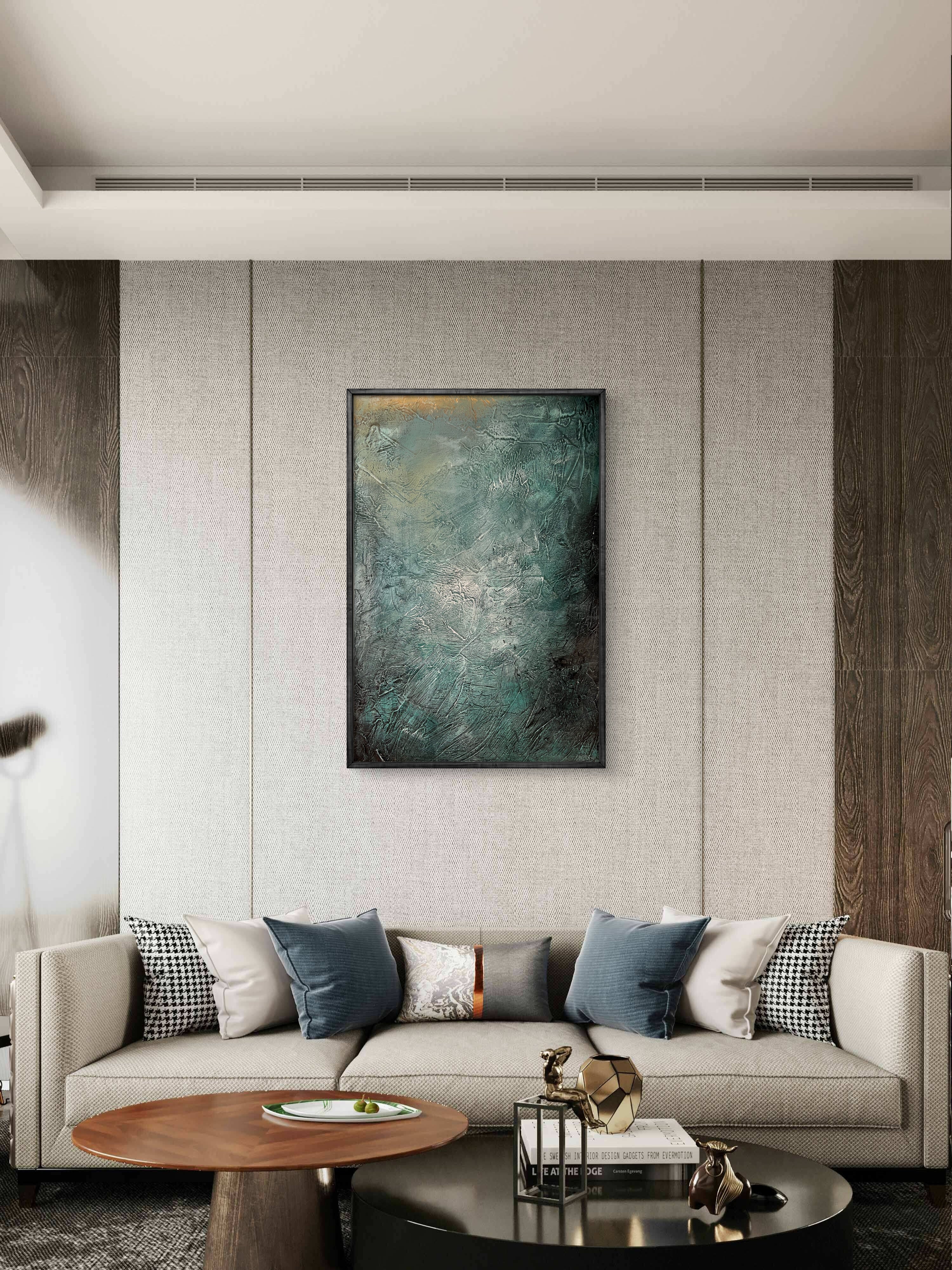 Held in Stillness / Abstract Blue-Green Textured Oil Painting – Hand-Painted 3D Canvas Wall Art