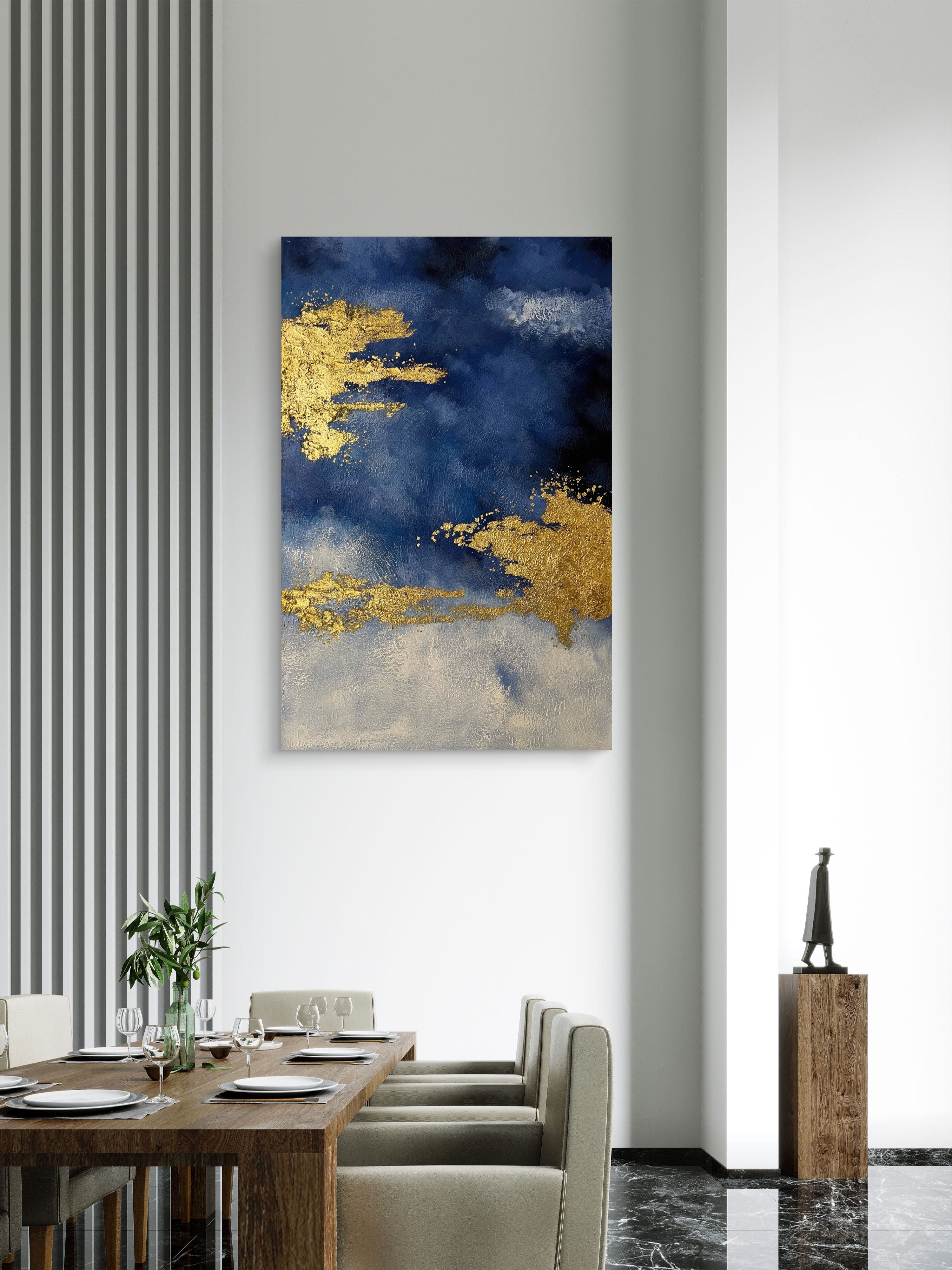 Gilded Blue Horizon / Textured Abstract Canvas Wall Art in Deep Blue & Gold | Modern Home Décor