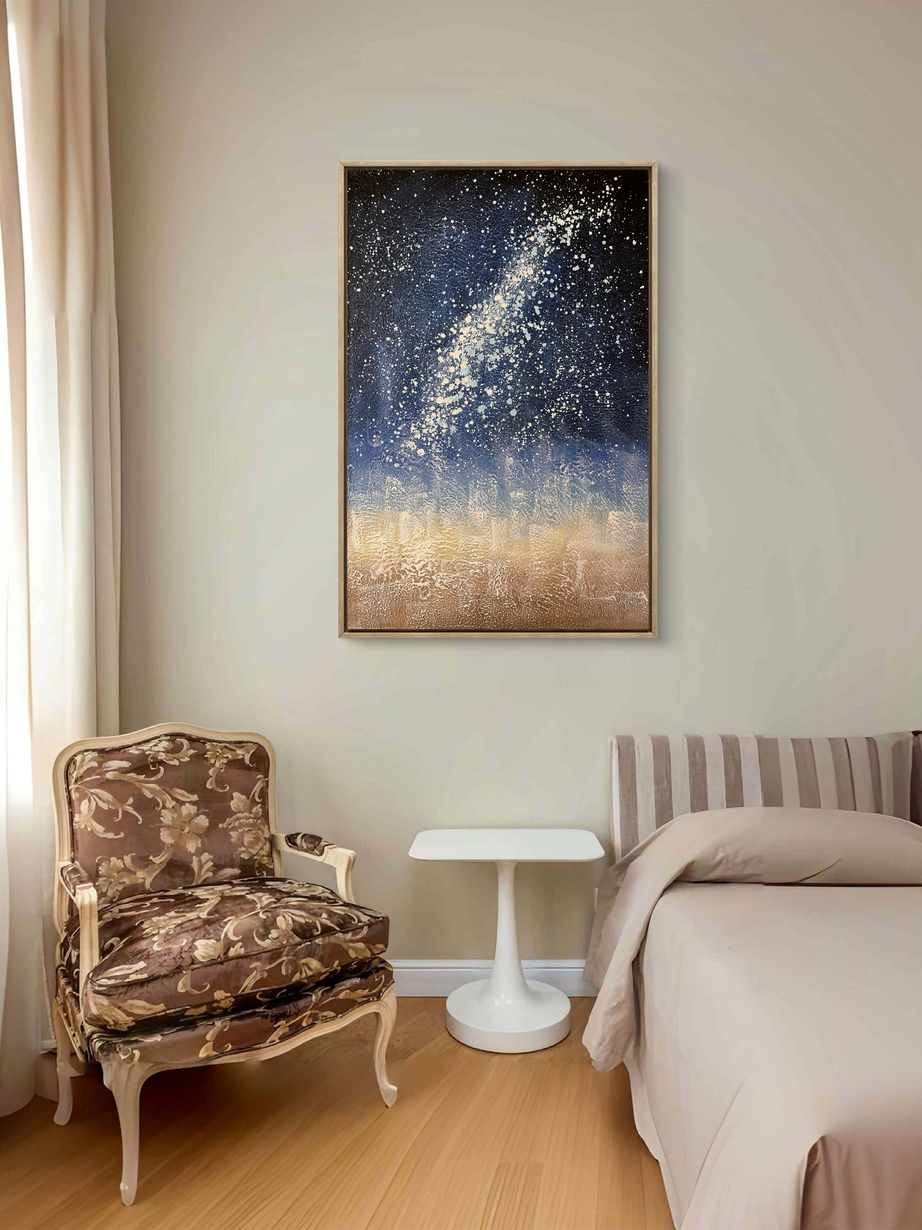 Starlit Horizon Texture / Textured Abstract Canvas Wall Art in Deep Blue & Gold | Modern Home Décor