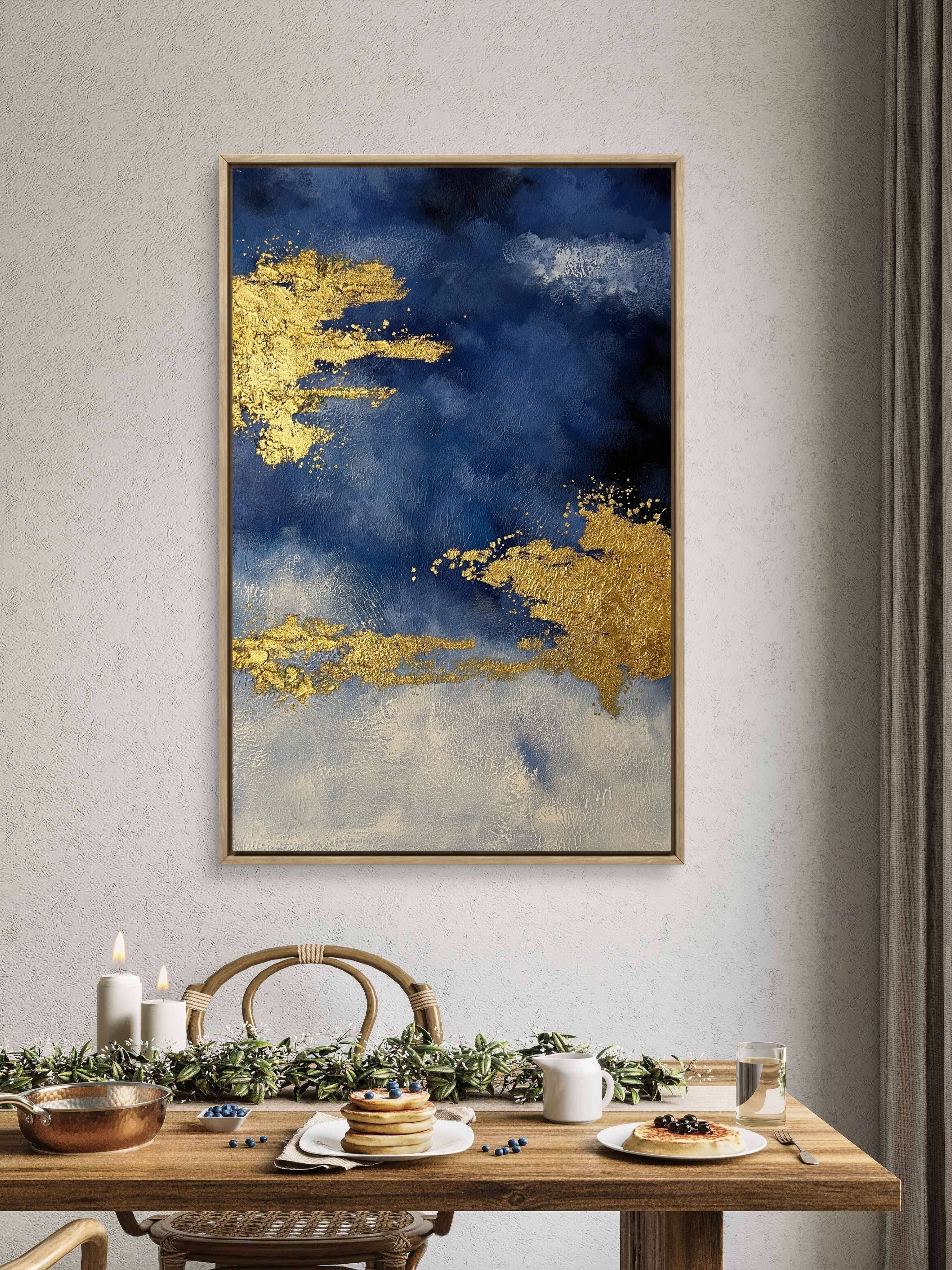 Gilded Blue Horizon / Textured Abstract Canvas Wall Art in Deep Blue & Gold | Modern Home Décor