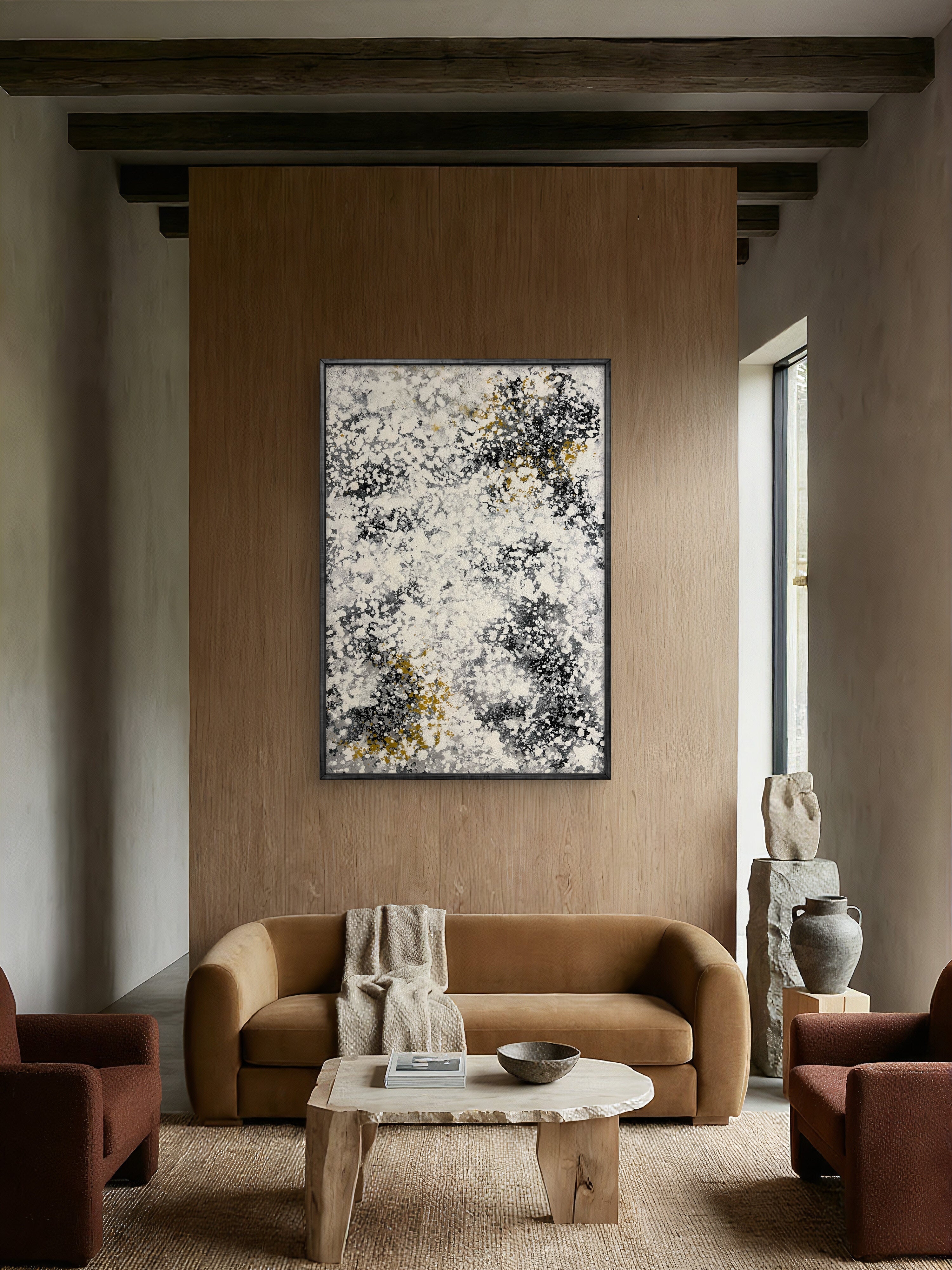 Ivory Mist Texture / Textured Abstract Canvas Wall Art in Ivory, Black & Gold | Modern Home Décor