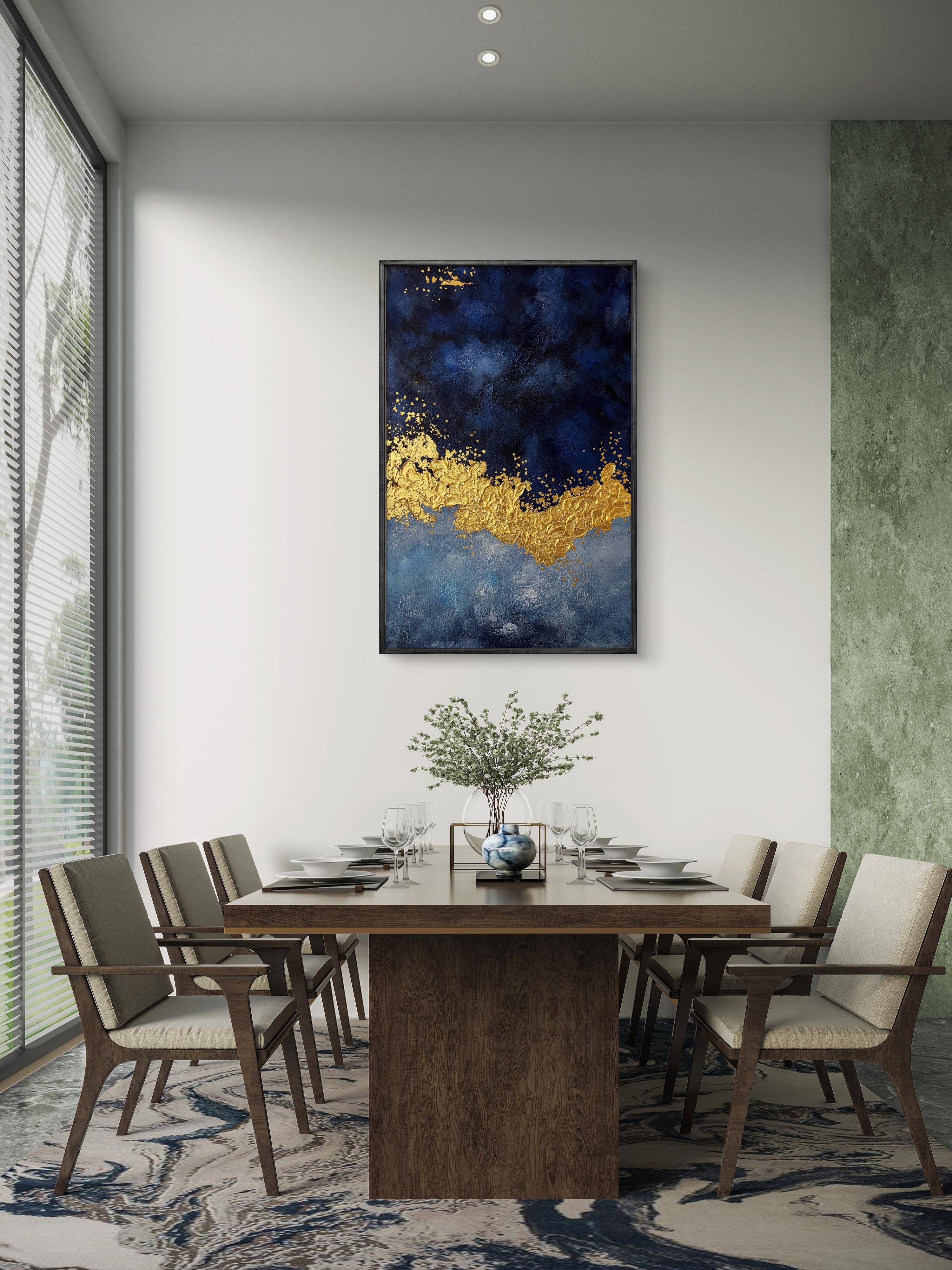 Midnight Gold Texture / Textured Abstract Canvas Wall Art in Navy Blue & Gold | Modern Home Décor