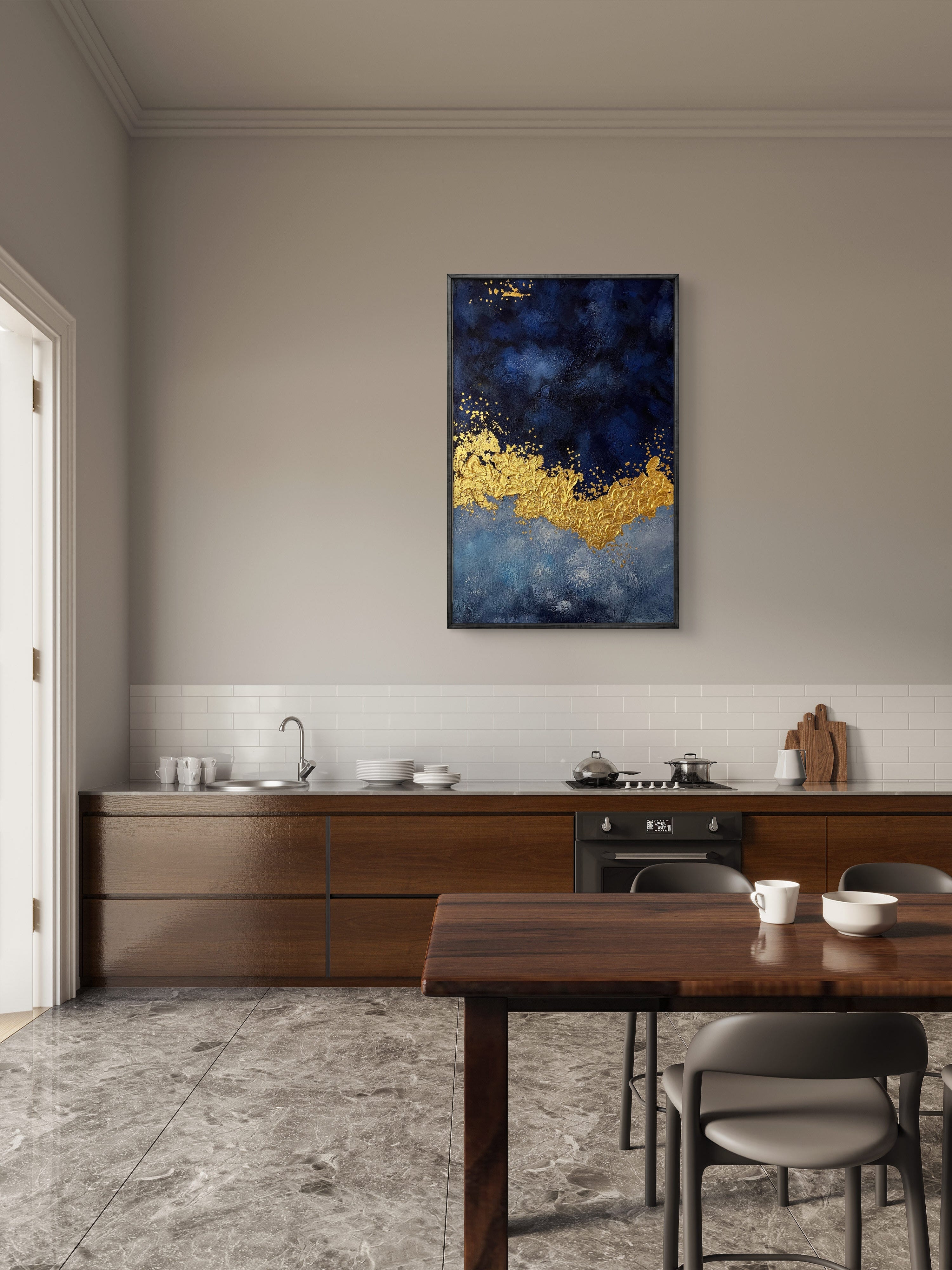 Midnight Gold Texture / Textured Abstract Canvas Wall Art in Navy Blue & Gold | Modern Home Décor