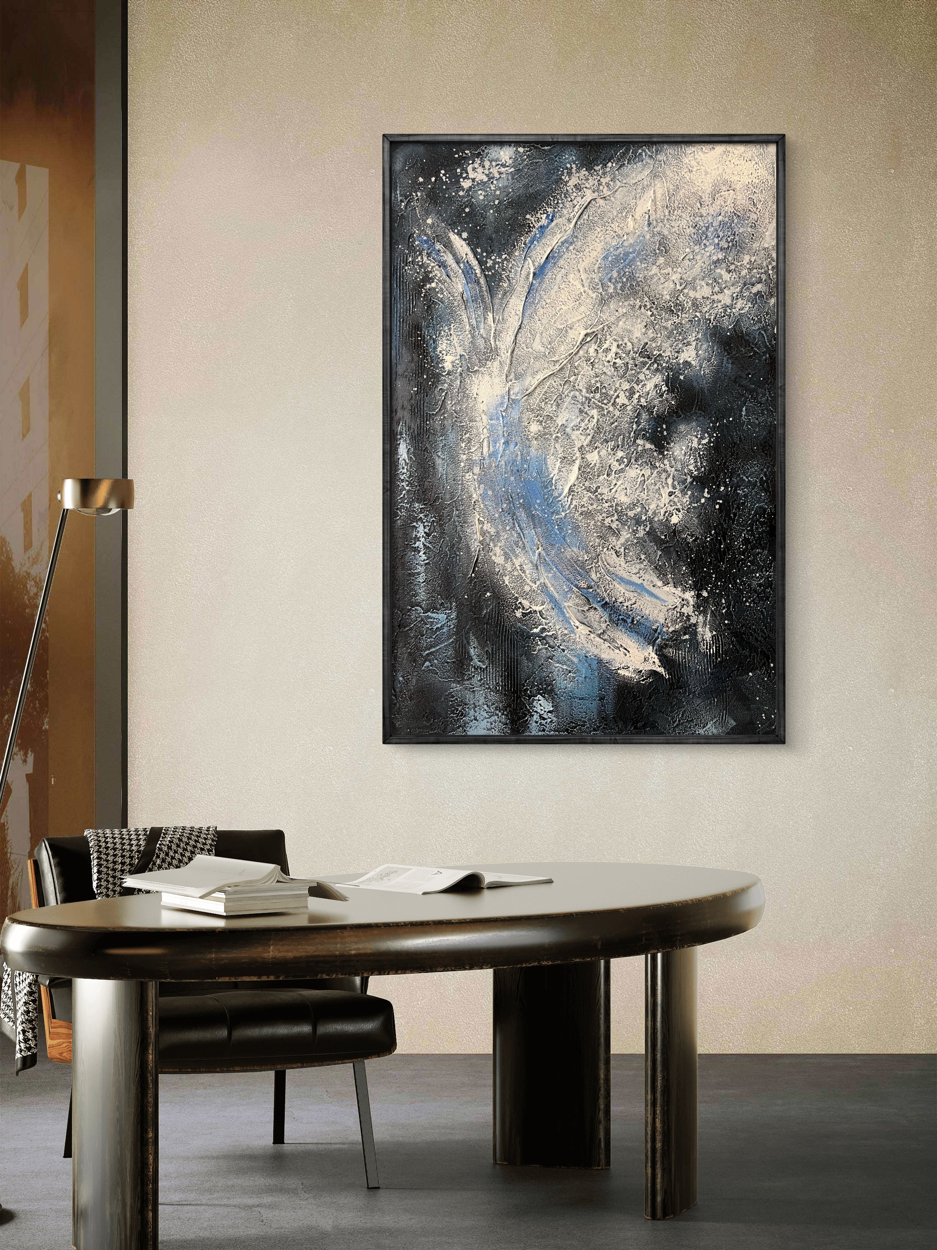 Midnight Flow Texture / Textured Abstract Canvas Wall Art in Black, Blue & Ivory | Modern Home Décor