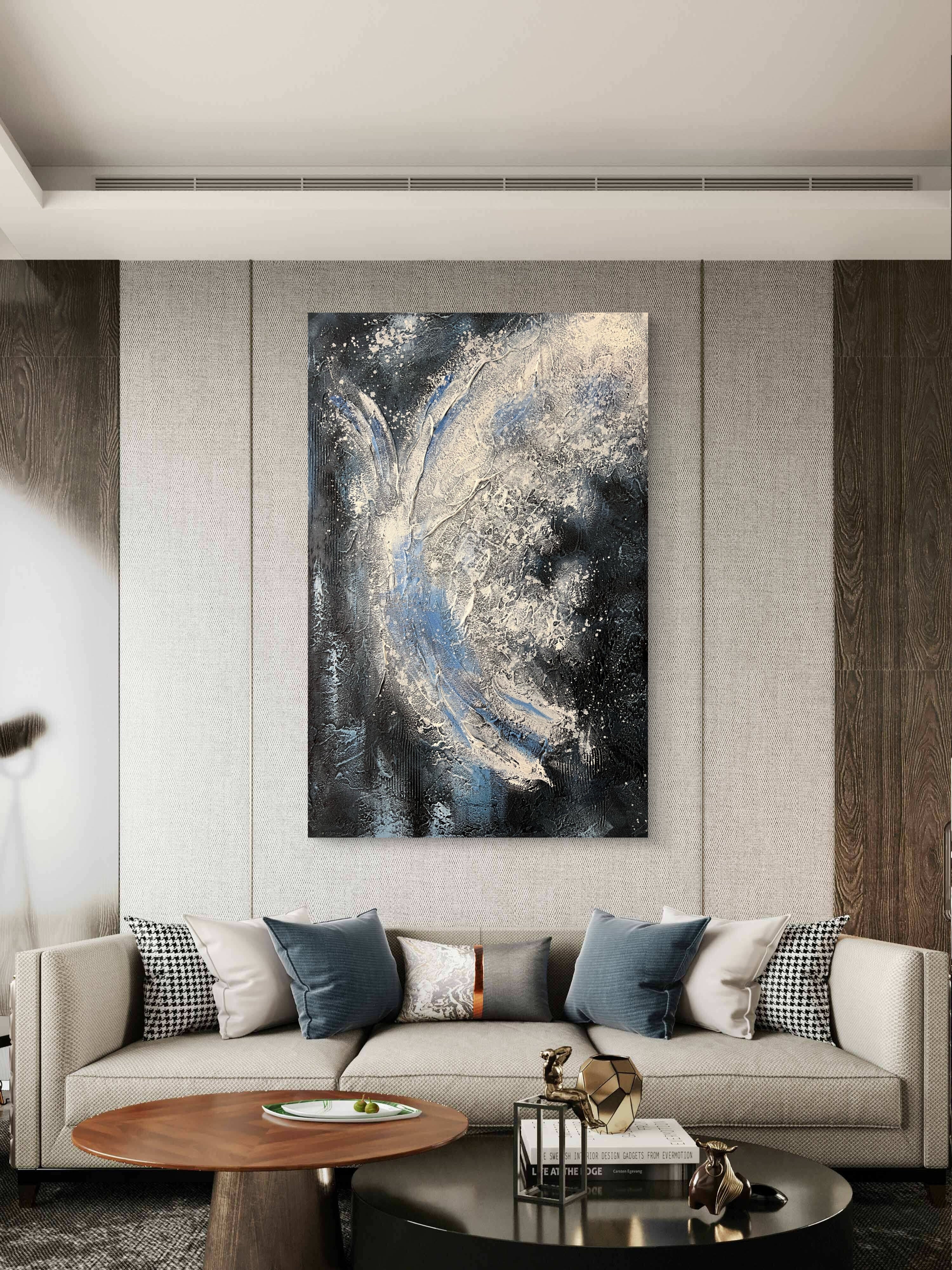 Midnight Flow Texture / Textured Abstract Canvas Wall Art in Black, Blue & Ivory | Modern Home Décor