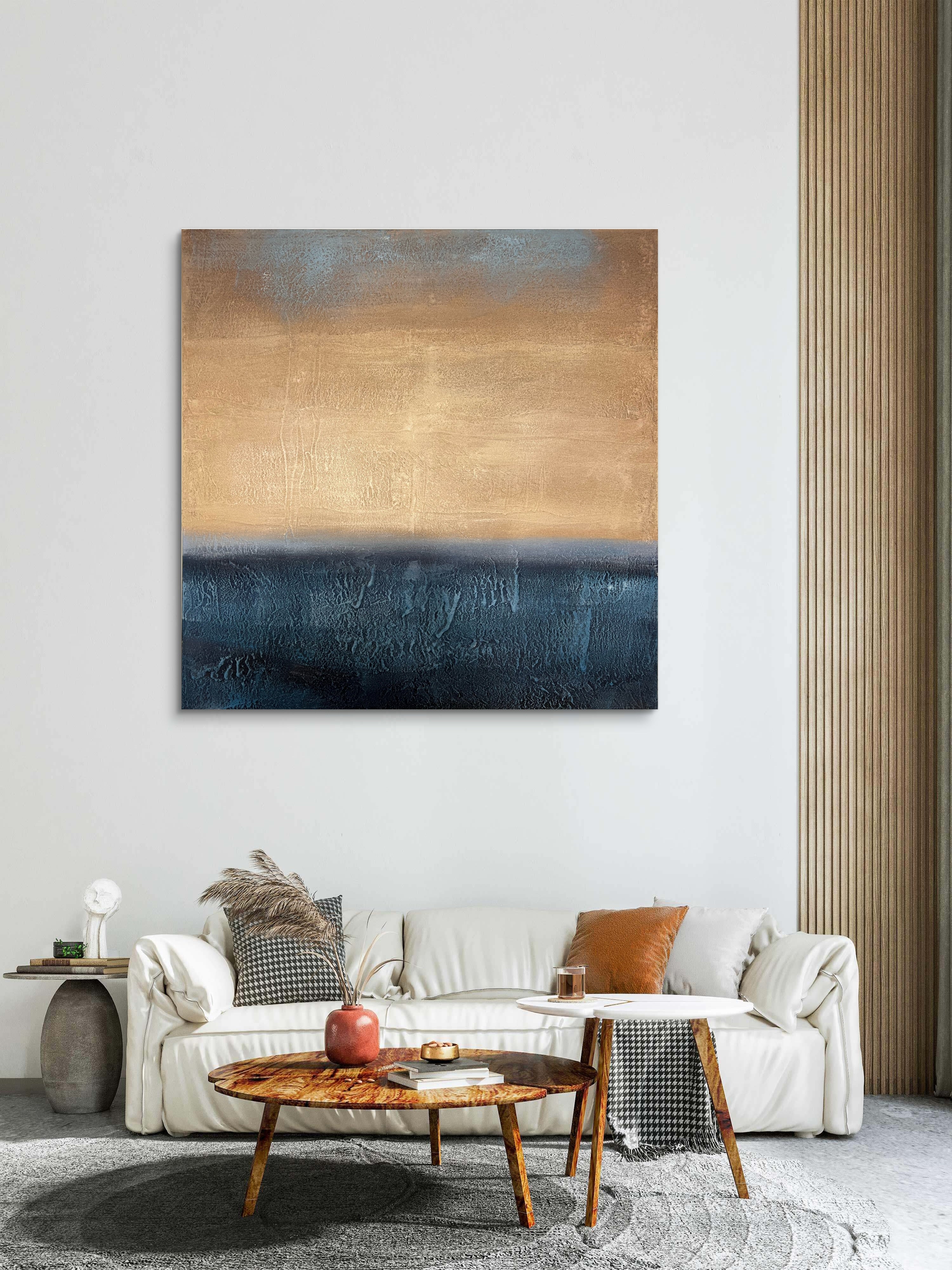 Golden Horizon Texture / Textured Abstract Canvas Wall Art in Gold & Deep Blue | Modern Home Décor