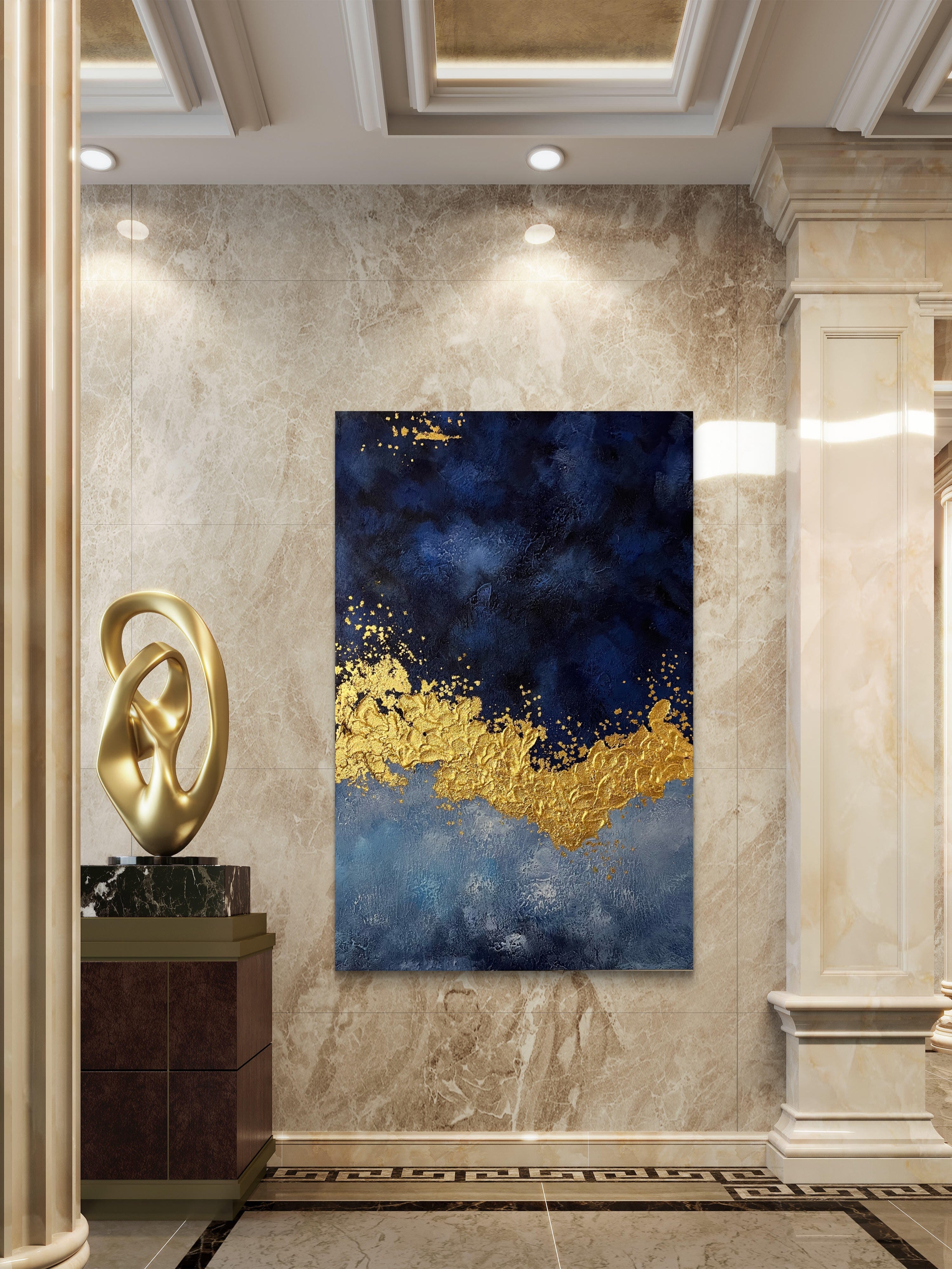 Midnight Gold Texture / Textured Abstract Canvas Wall Art in Navy Blue & Gold | Modern Home Décor