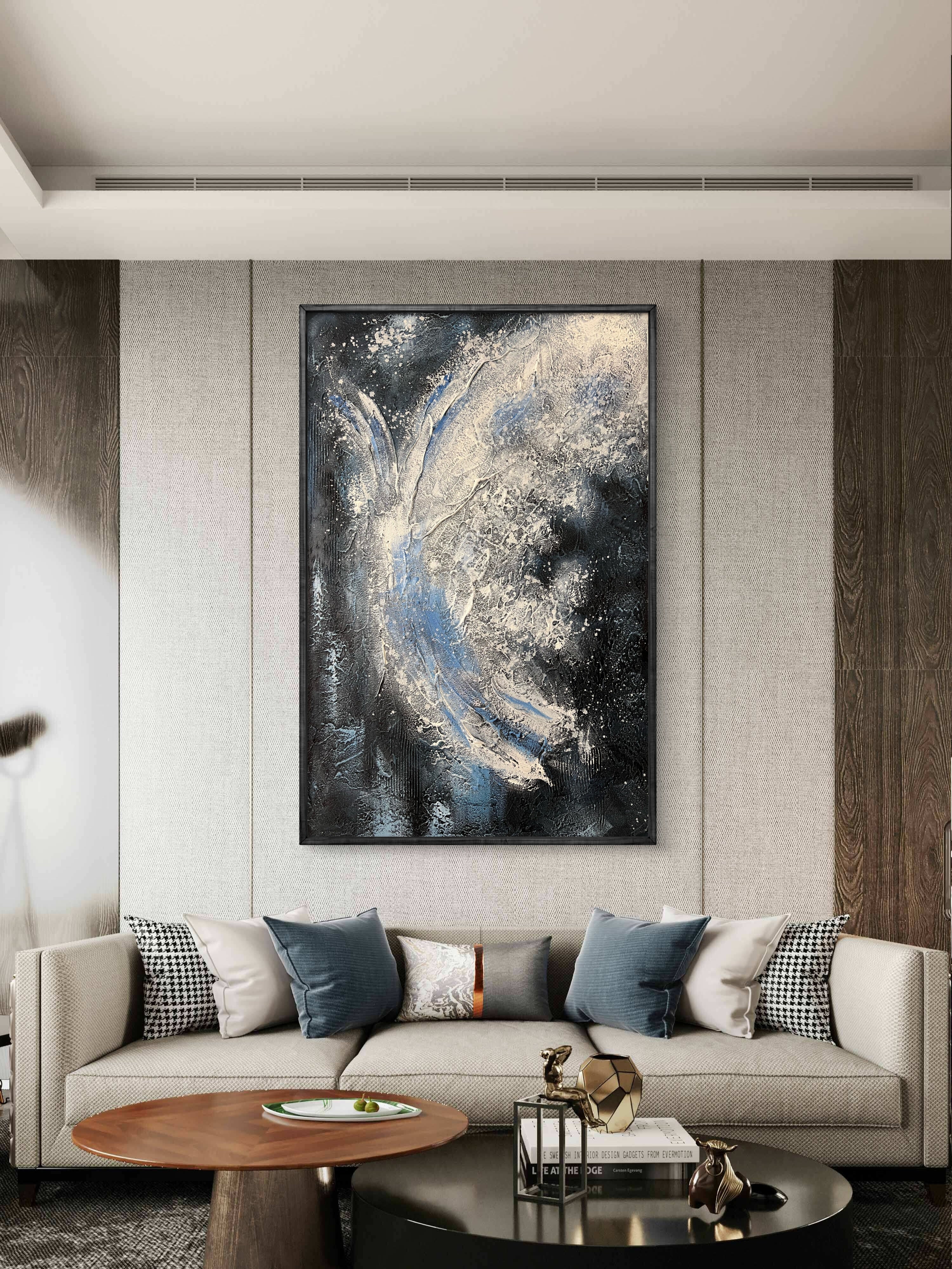 Midnight Flow Texture / Textured Abstract Canvas Wall Art in Black, Blue & Ivory | Modern Home Décor