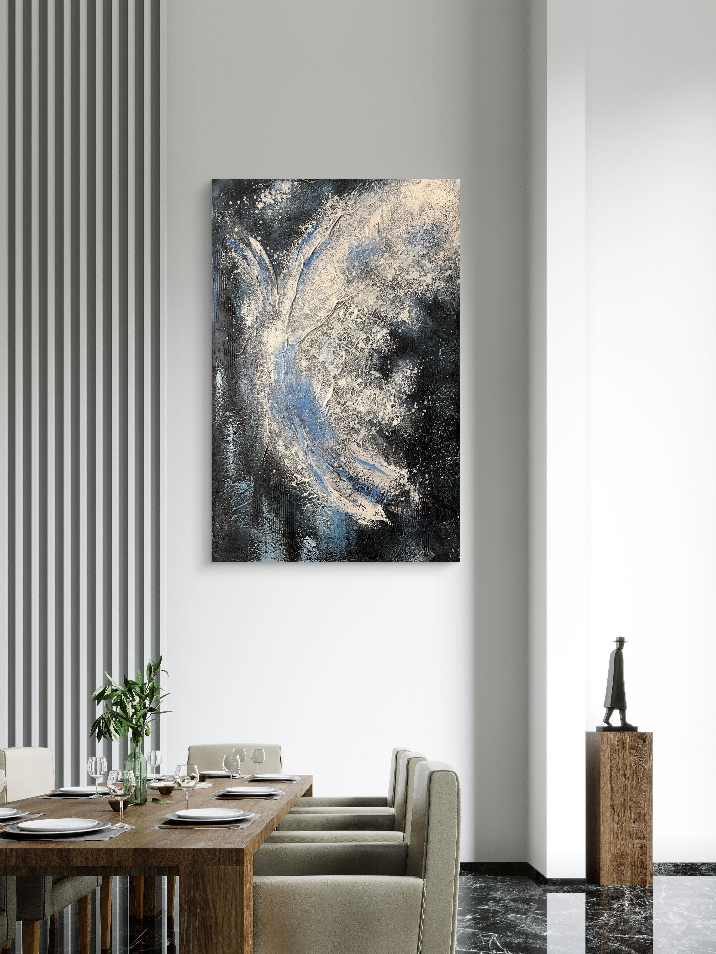 Midnight Flow Texture / Textured Abstract Canvas Wall Art in Black, Blue & Ivory | Modern Home Décor