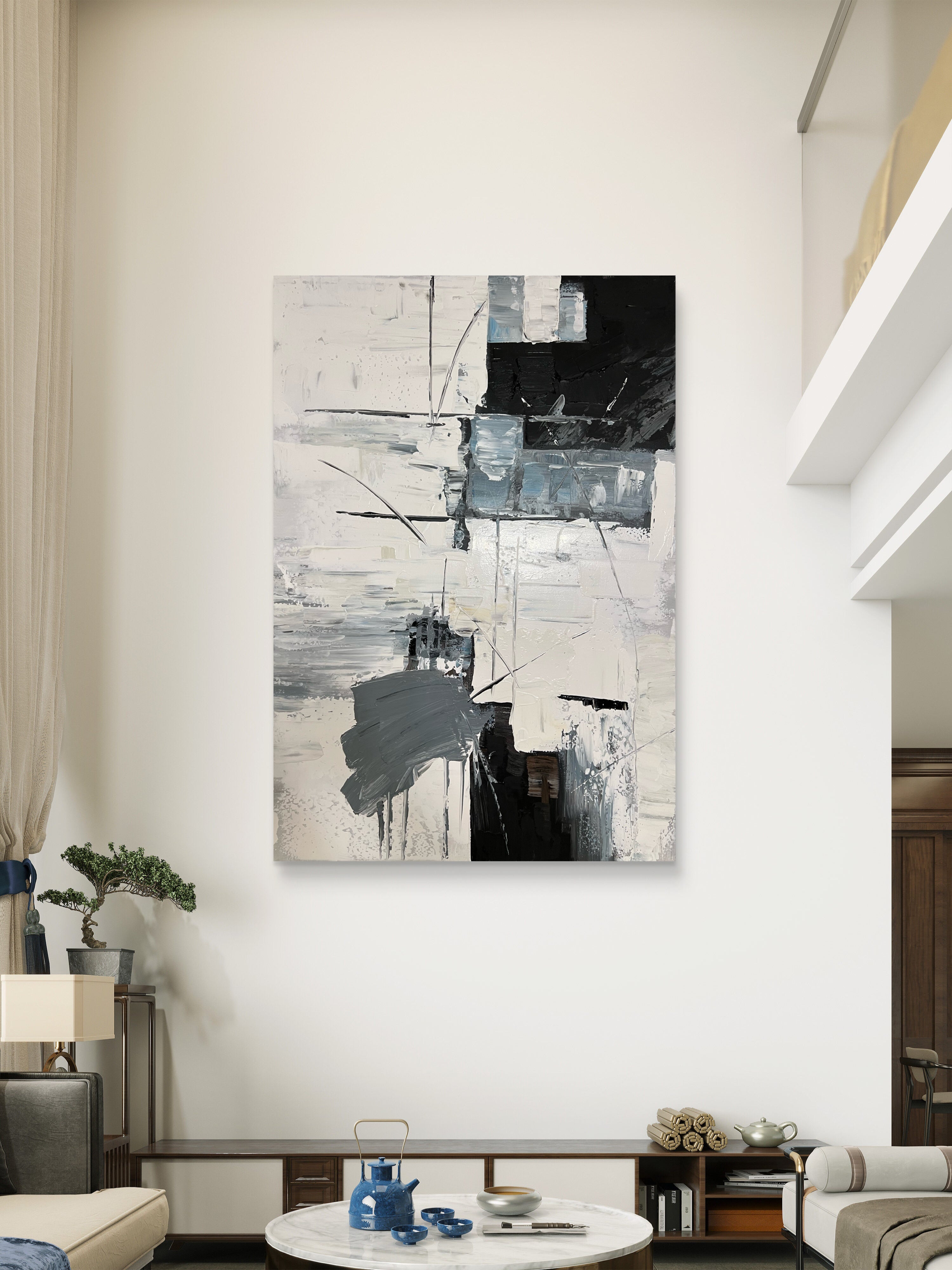 Structured Rhythm Texture / Textured Abstract Canvas Wall Art in Black, White & Grey | Modern Home Décor