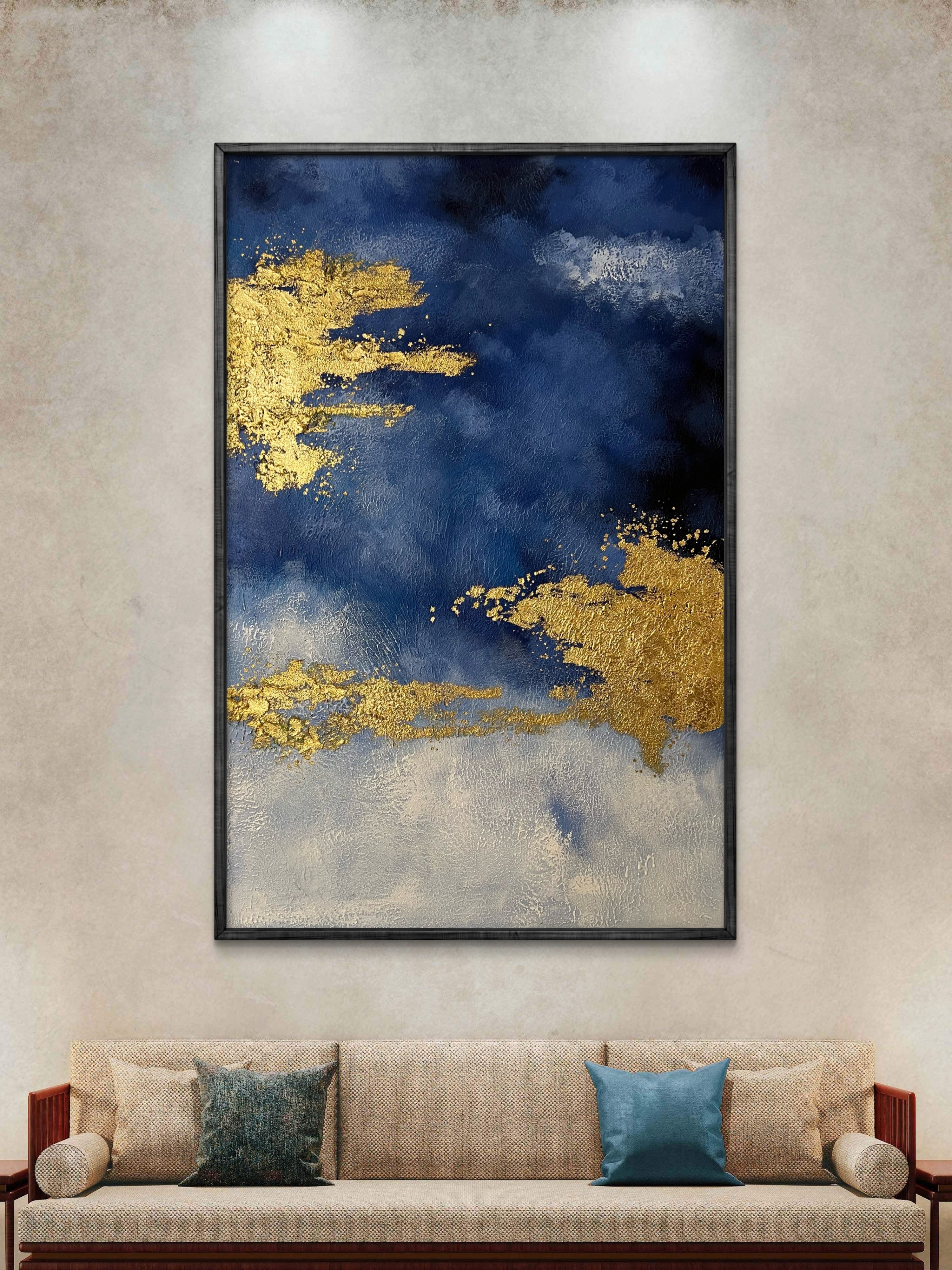 Gilded Blue Horizon / Textured Abstract Canvas Wall Art in Deep Blue & Gold | Modern Home Décor