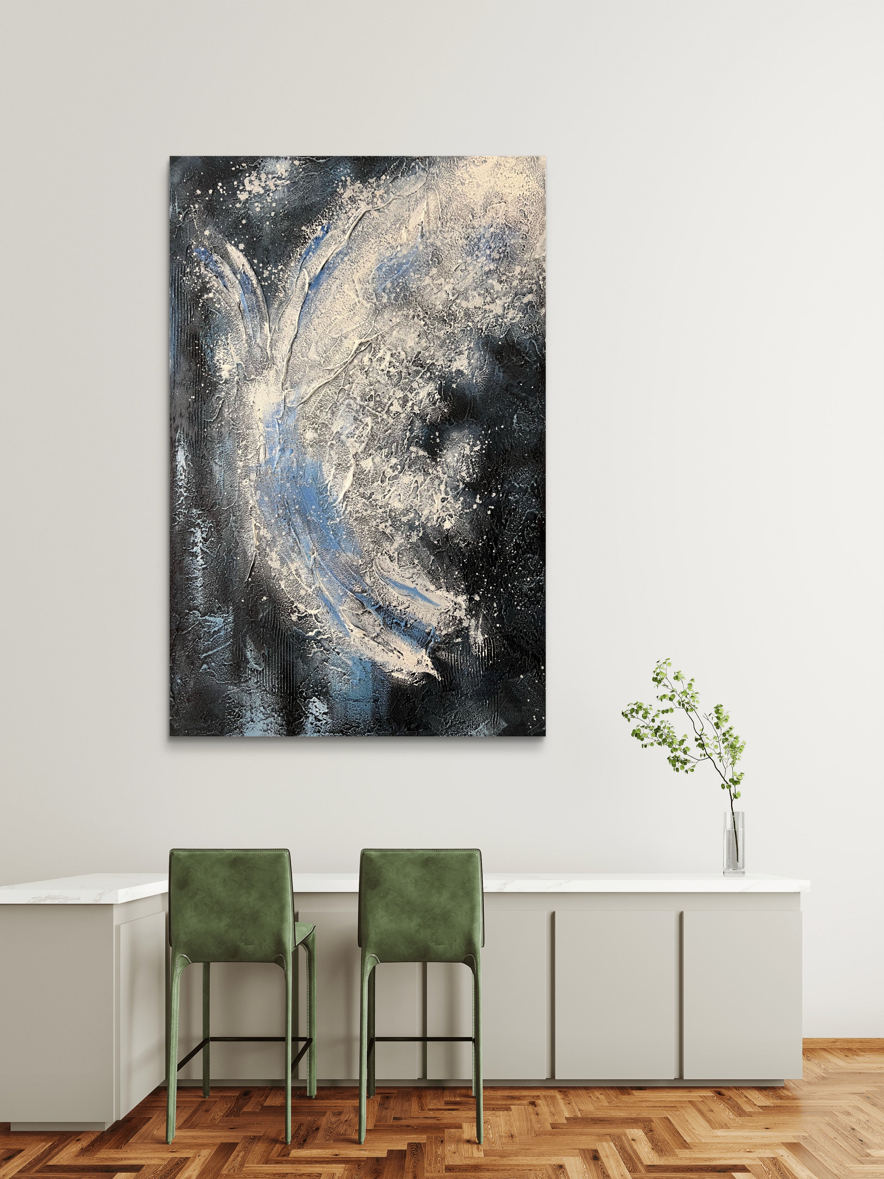 Midnight Flow Texture / Textured Abstract Canvas Wall Art in Black, Blue & Ivory | Modern Home Décor
