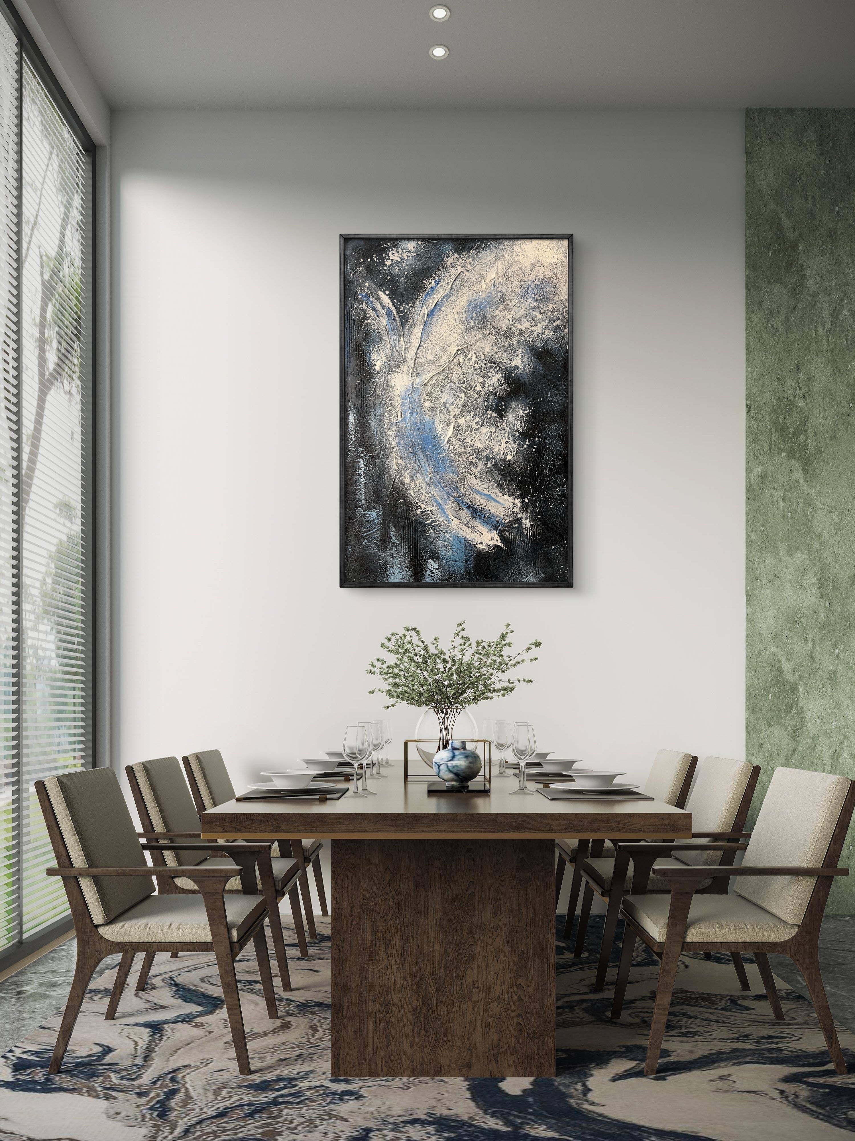 Midnight Flow Texture / Textured Abstract Canvas Wall Art in Black, Blue & Ivory | Modern Home Décor