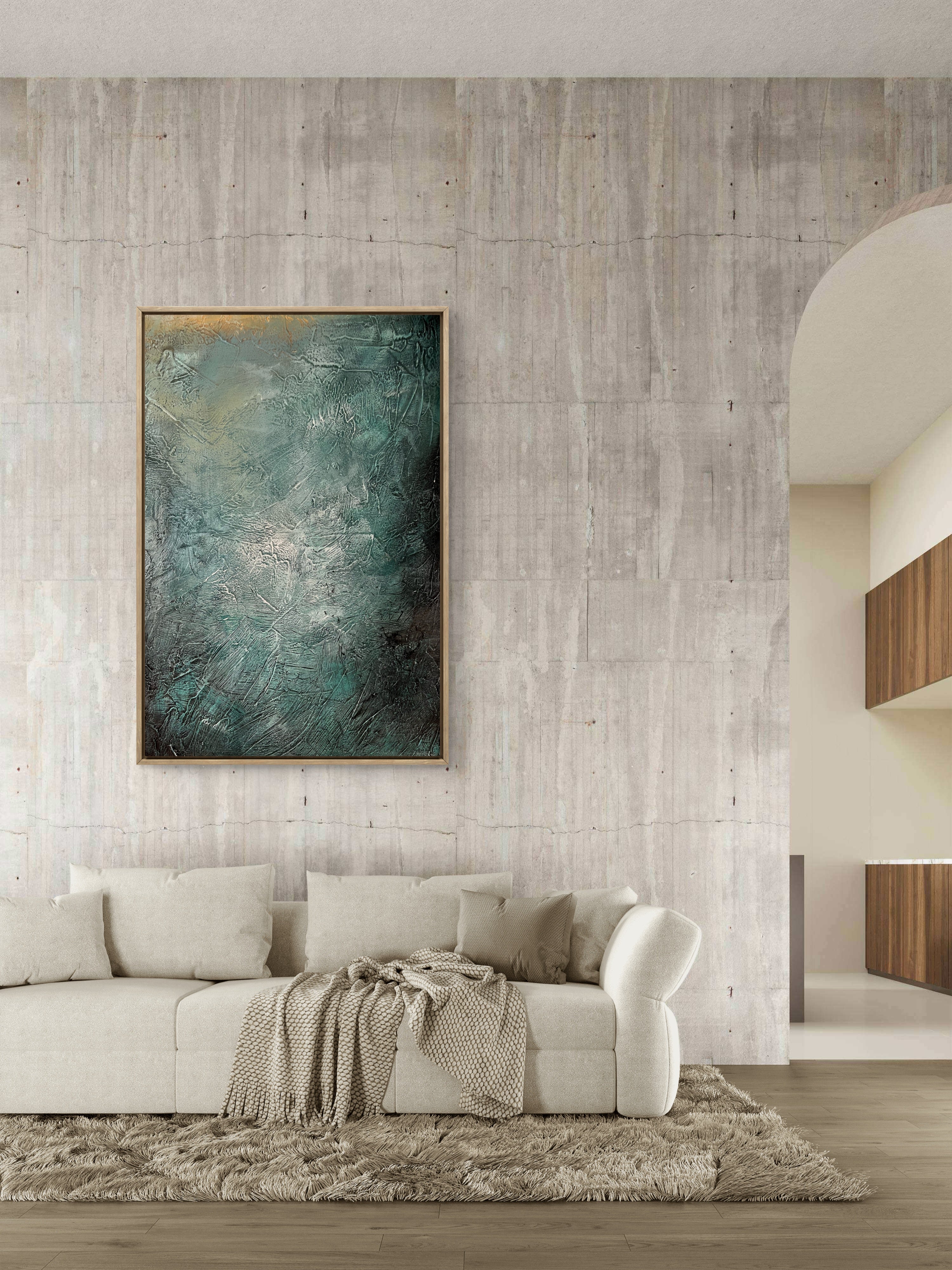 Held in Stillness / Abstract Blue-Green Textured Oil Painting – Hand-Painted 3D Canvas Wall Art