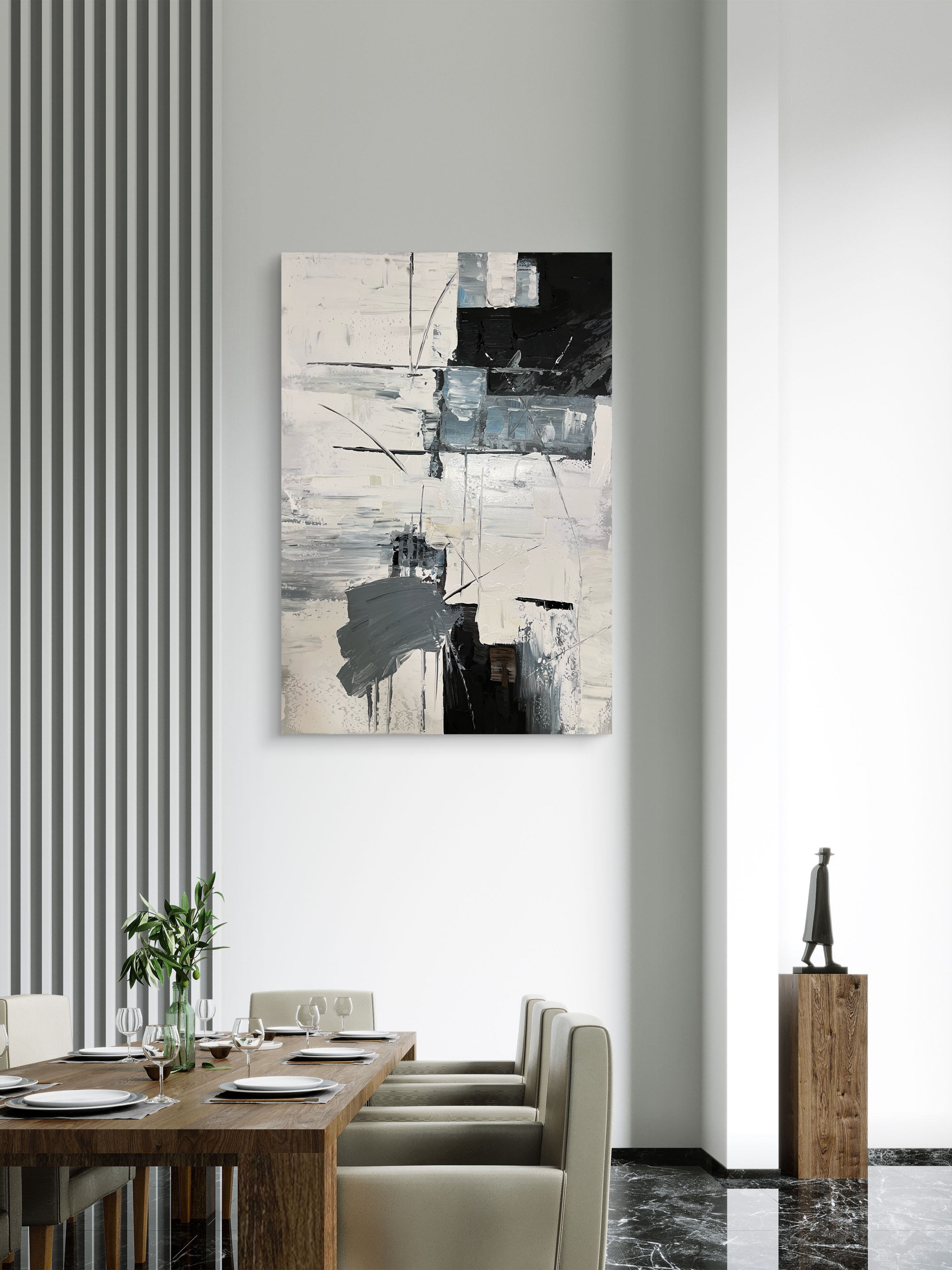 Structured Rhythm Texture / Textured Abstract Canvas Wall Art in Black, White & Grey | Modern Home Décor
