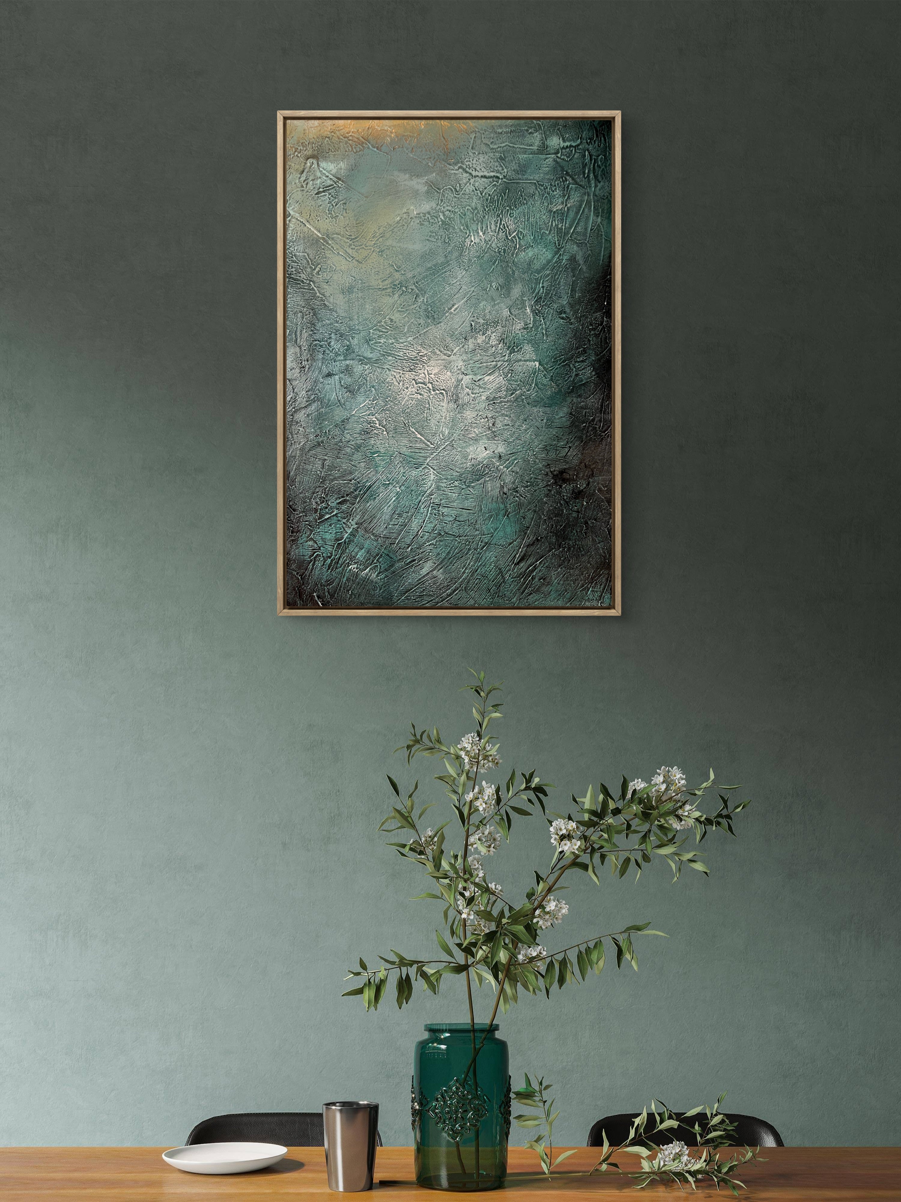 Held in Stillness / Abstract Blue-Green Textured Oil Painting – Hand-Painted 3D Canvas Wall Art