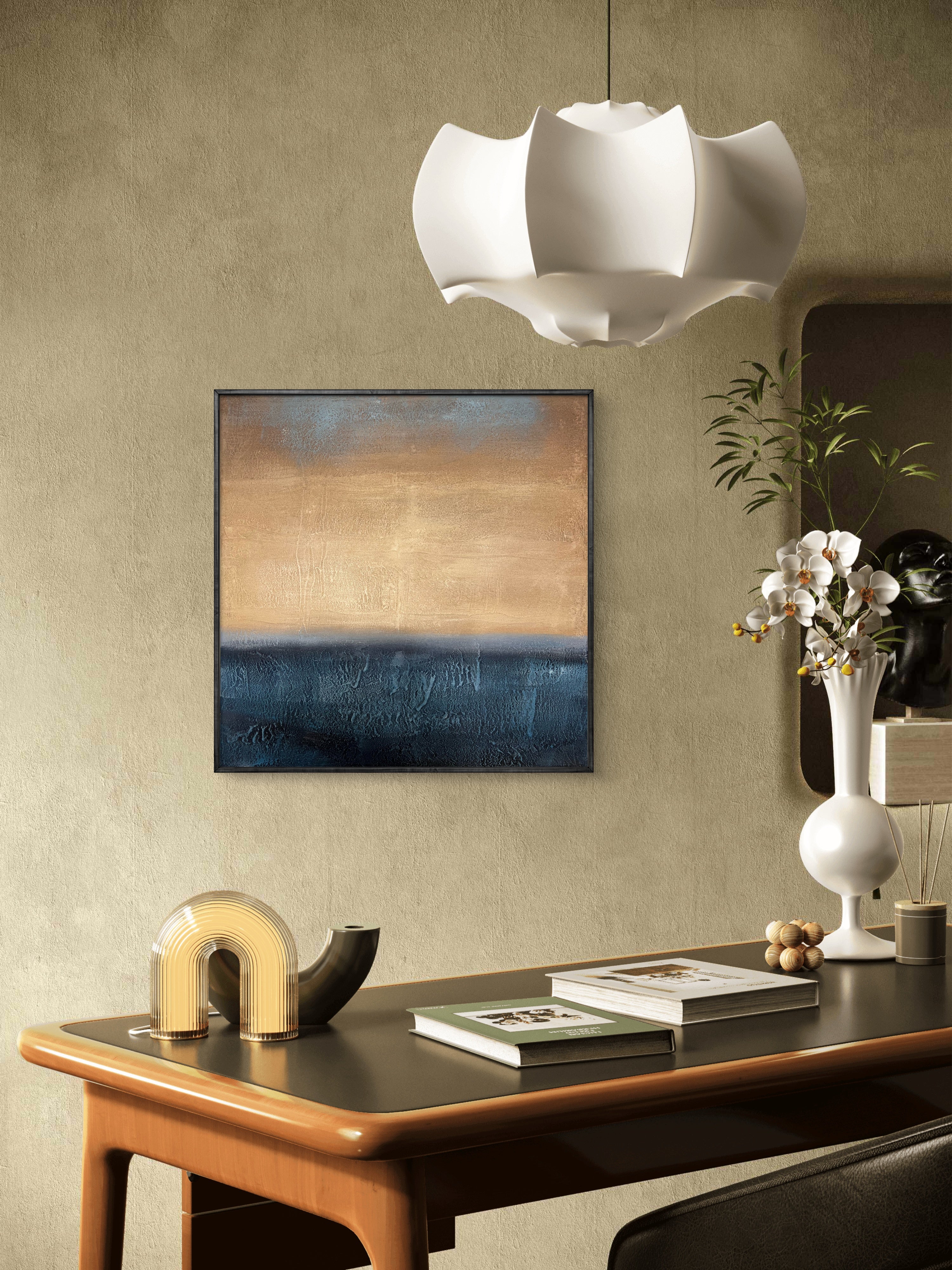 Golden Horizon Texture / Textured Abstract Canvas Wall Art in Gold & Deep Blue | Modern Home Décor