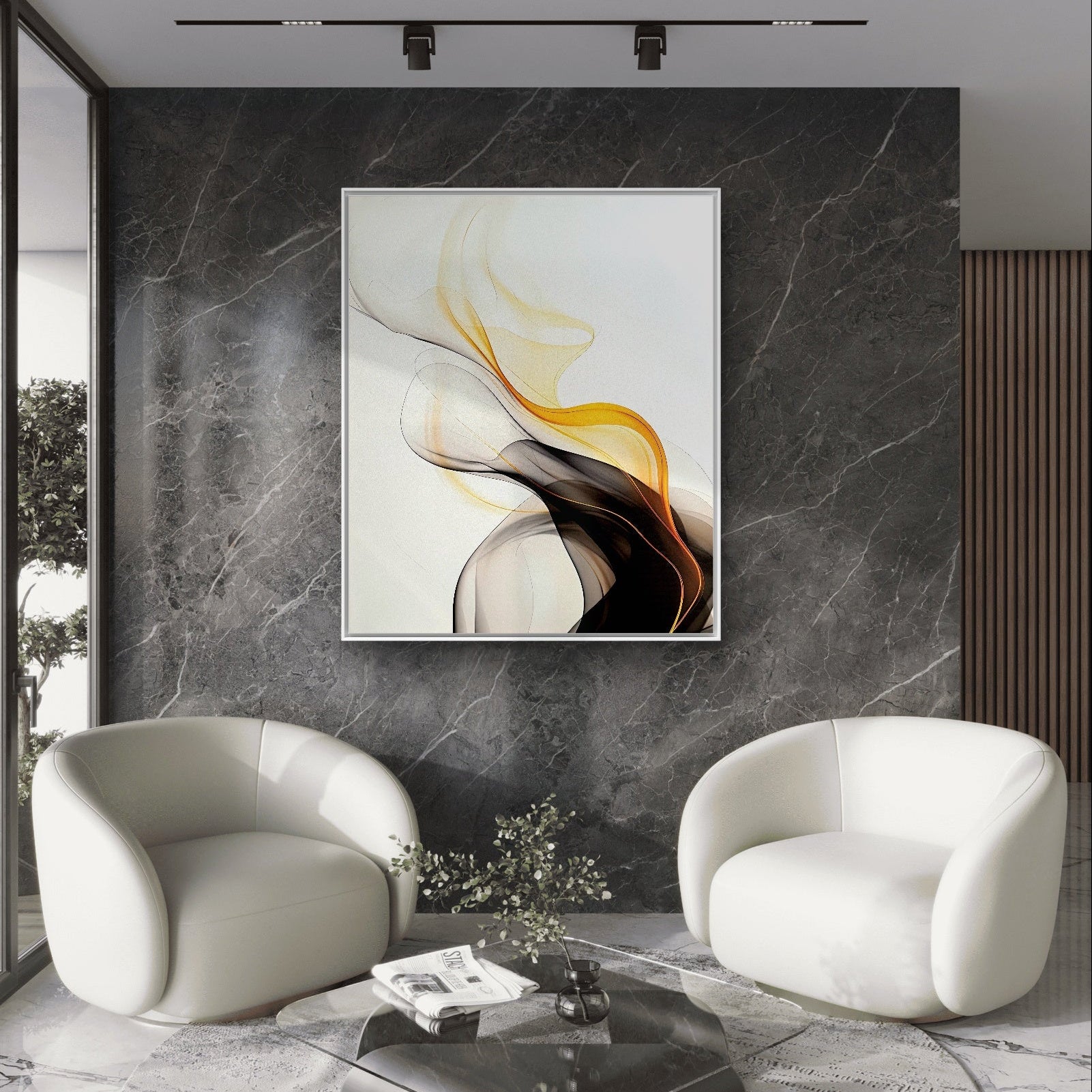 Modern living room with two white armchairs, a coffee table, and abstract art on a marble wall.