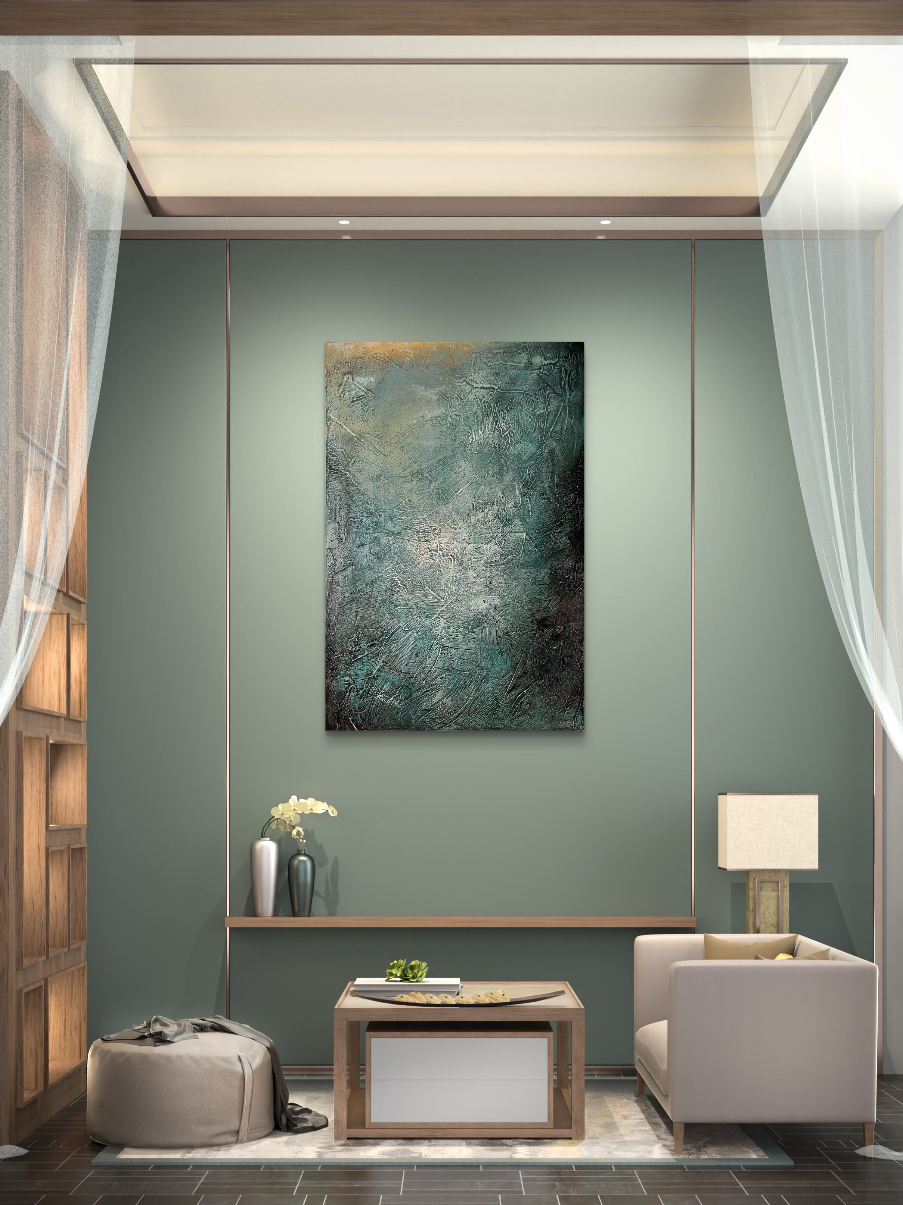 Held in Stillness / Abstract Blue-Green Textured Oil Painting – Hand-Painted 3D Canvas Wall Art