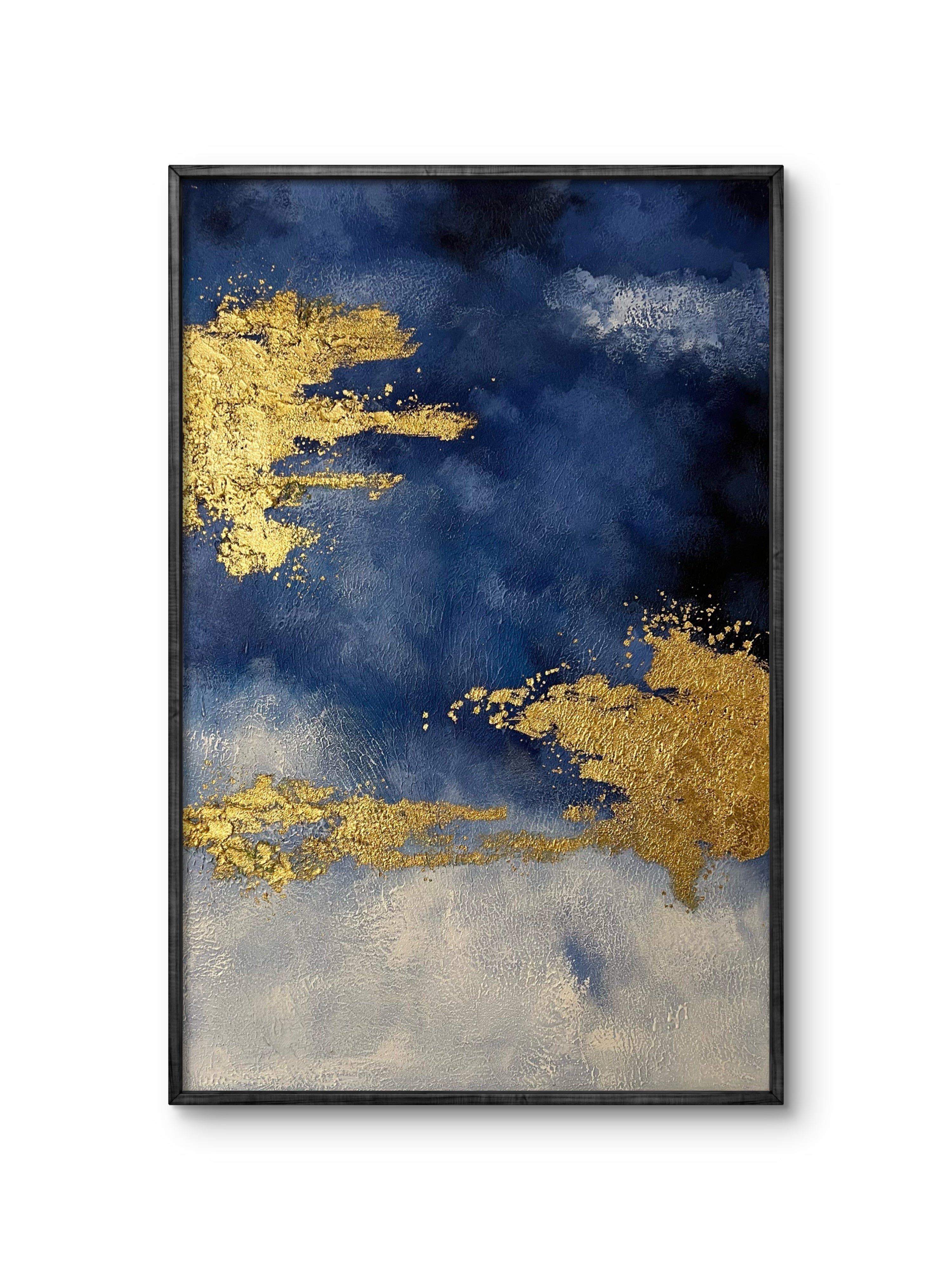 Gilded Blue Horizon / Textured Abstract Canvas Wall Art in Deep Blue & Gold | Modern Home Décor