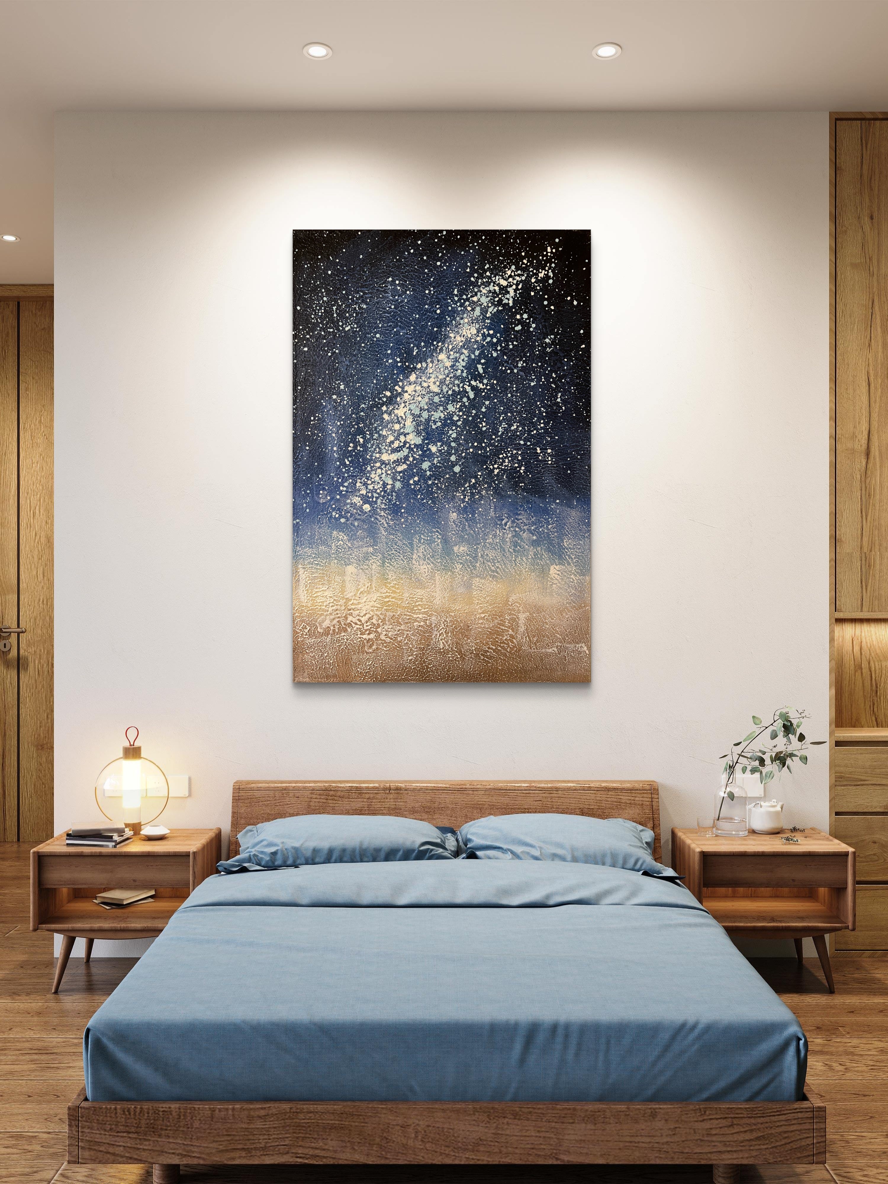 Starlit Horizon Texture / Textured Abstract Canvas Wall Art in Deep Blue & Gold | Modern Home Décor