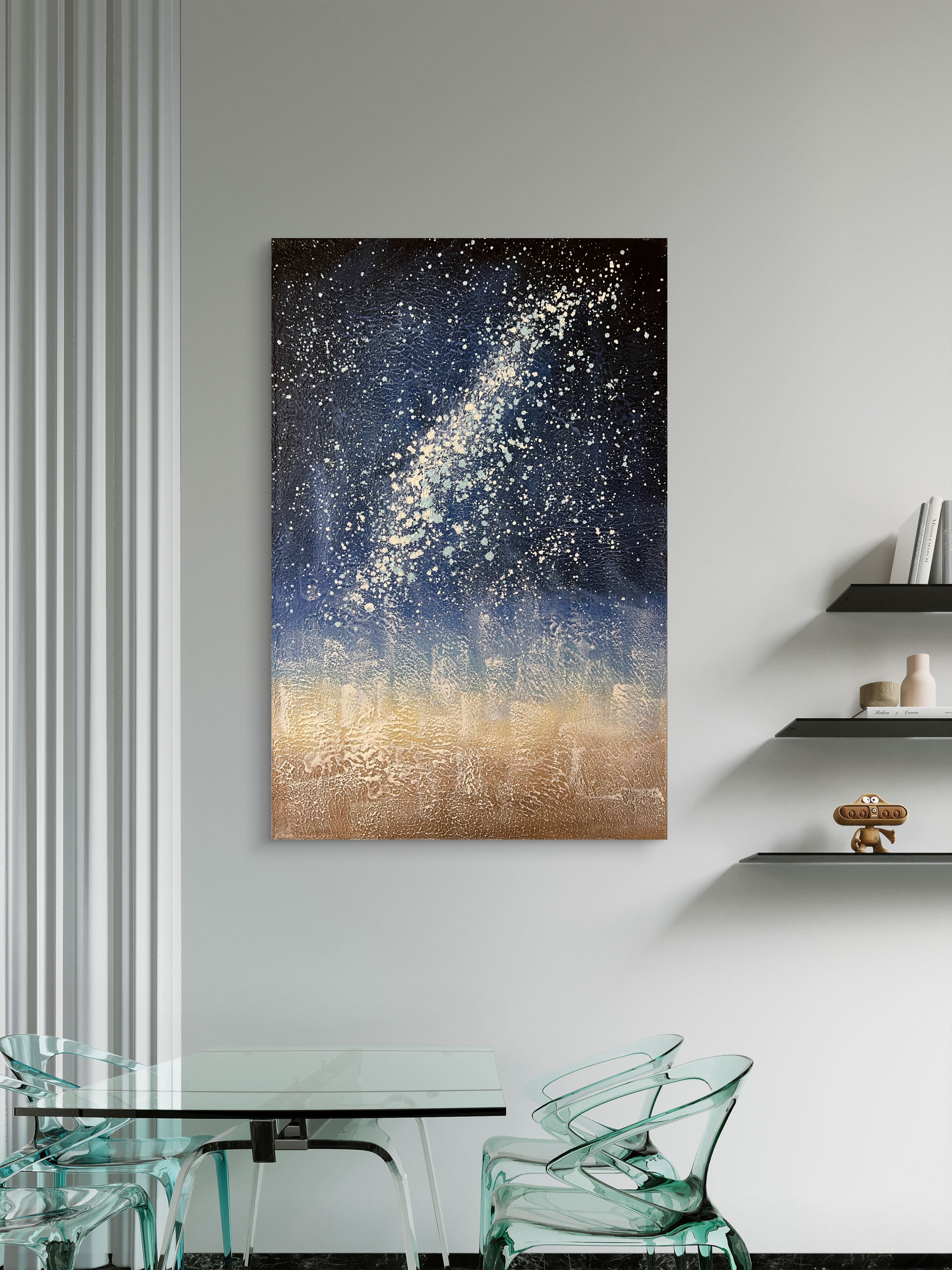 Starlit Horizon Texture / Textured Abstract Canvas Wall Art in Deep Blue & Gold | Modern Home Décor