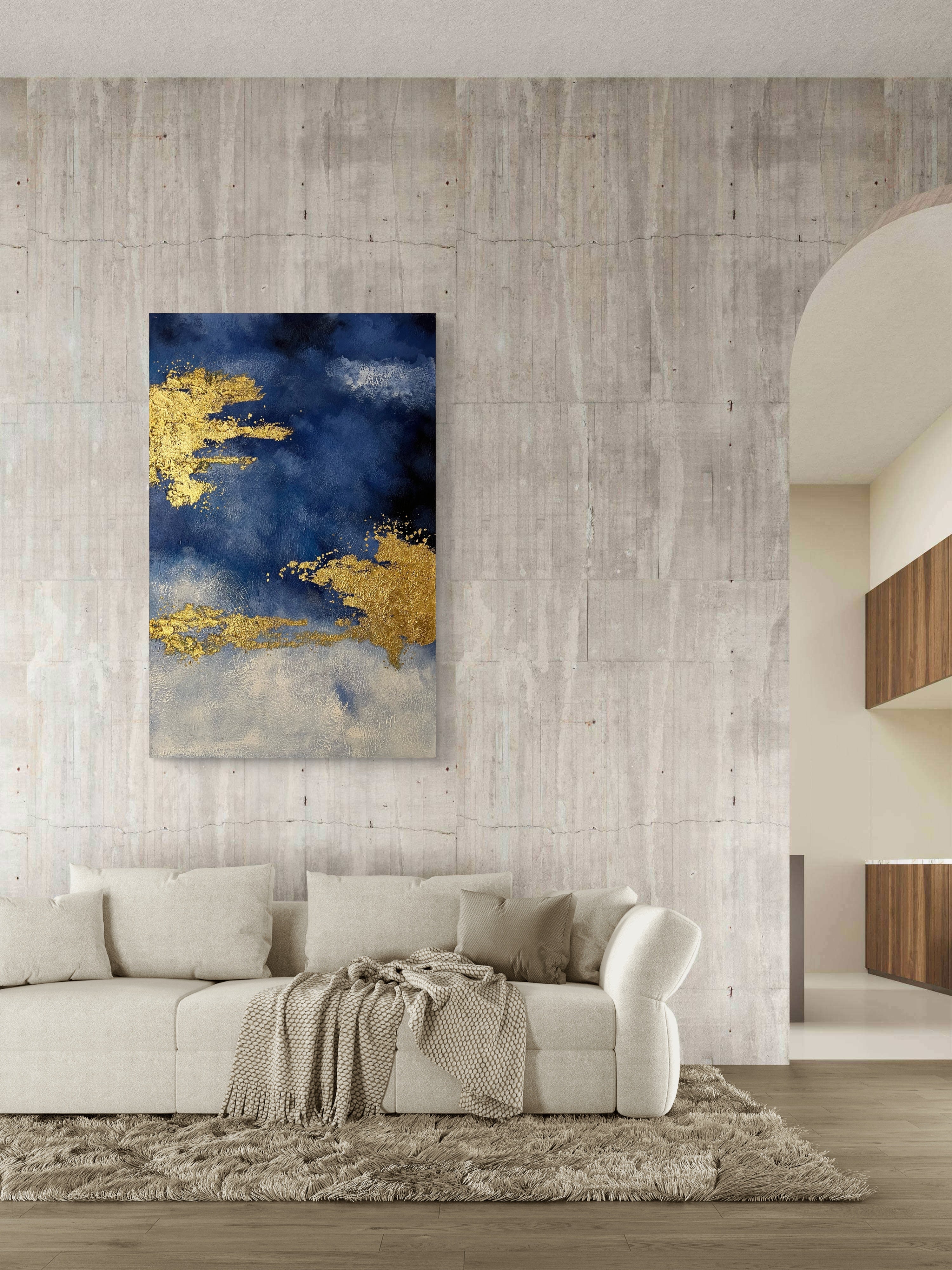 Gilded Blue Horizon / Textured Abstract Canvas Wall Art in Deep Blue & Gold | Modern Home Décor
