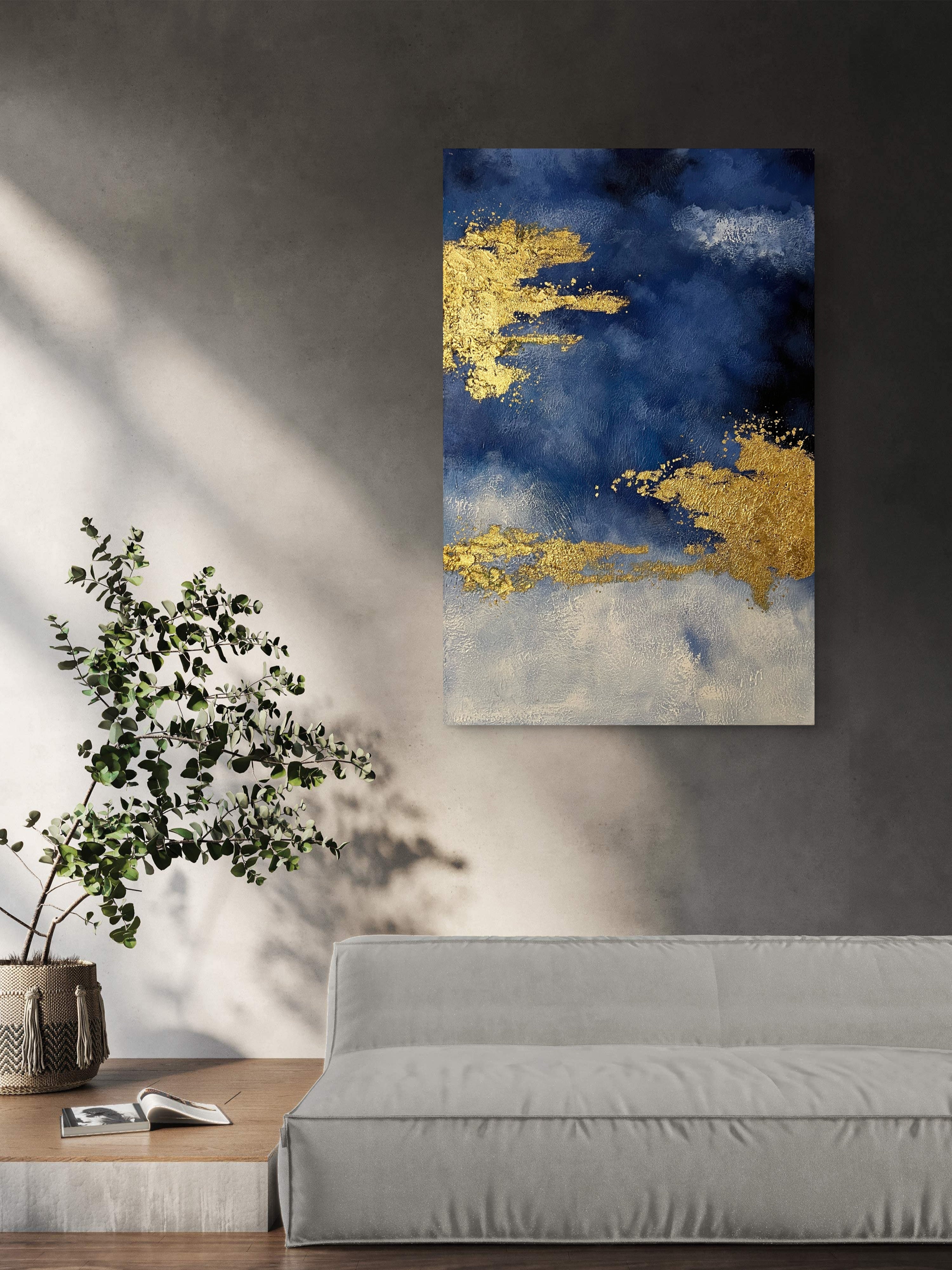 Gilded Blue Horizon / Textured Abstract Canvas Wall Art in Deep Blue & Gold | Modern Home Décor