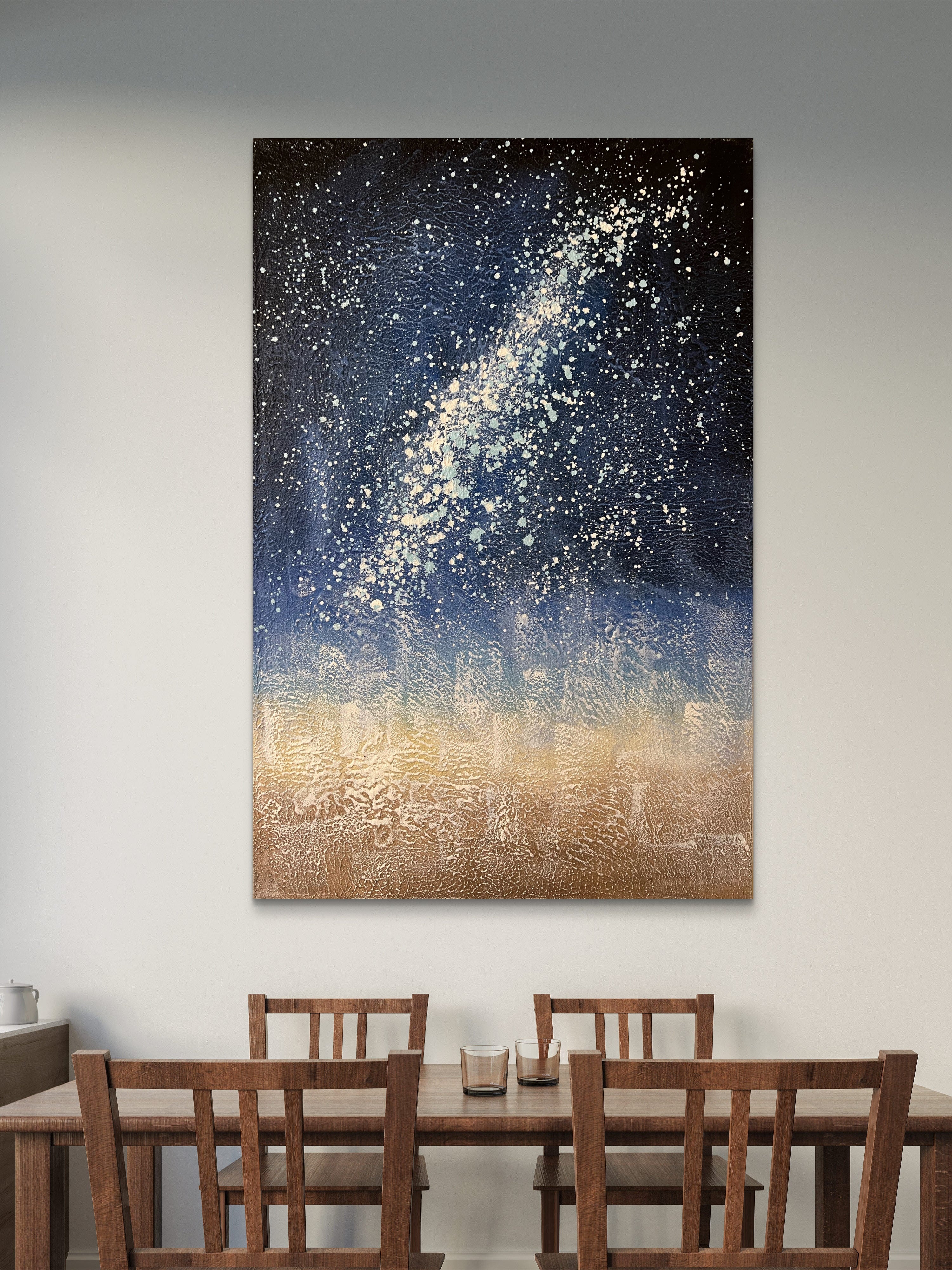 Starlit Horizon Texture / Textured Abstract Canvas Wall Art in Deep Blue & Gold | Modern Home Décor