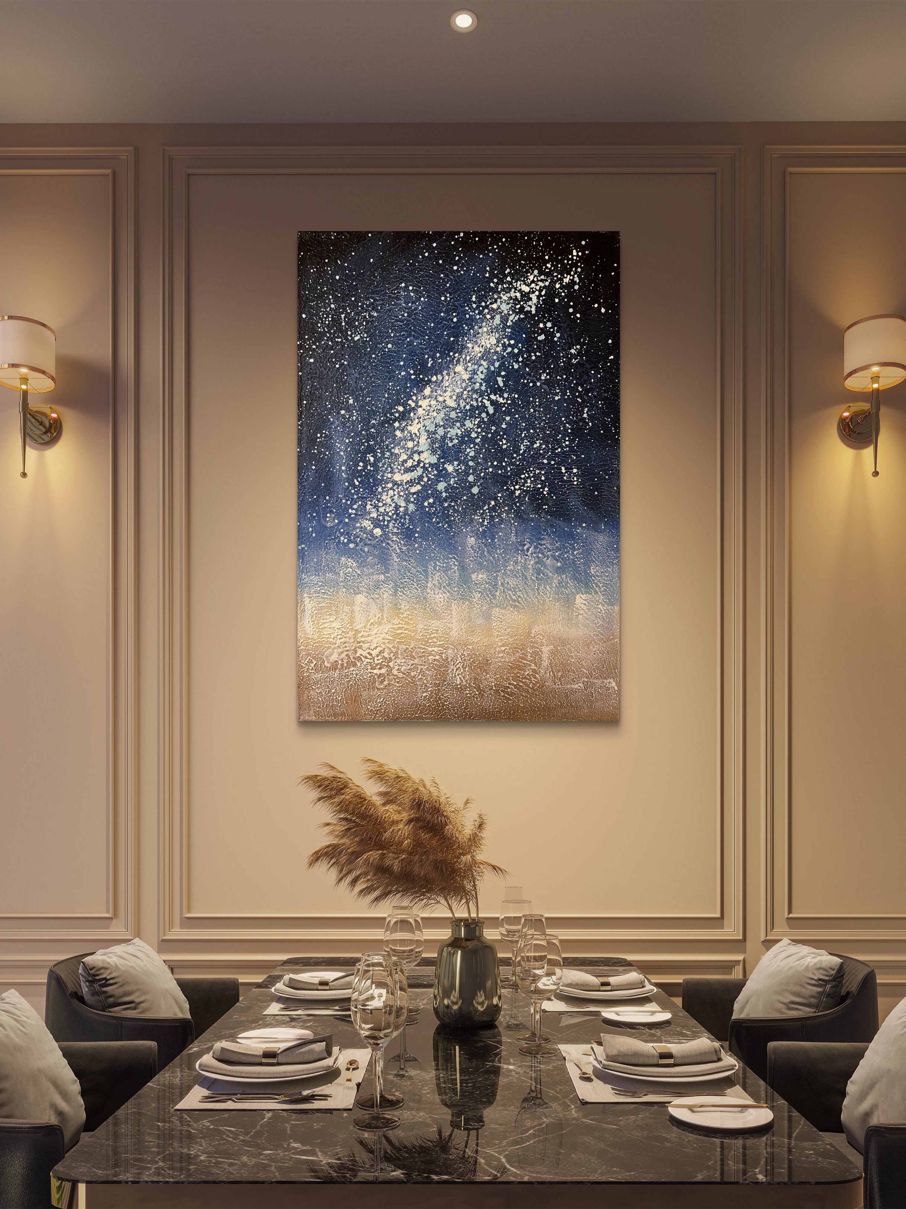 Starlit Horizon Texture / Textured Abstract Canvas Wall Art in Deep Blue & Gold | Modern Home Décor