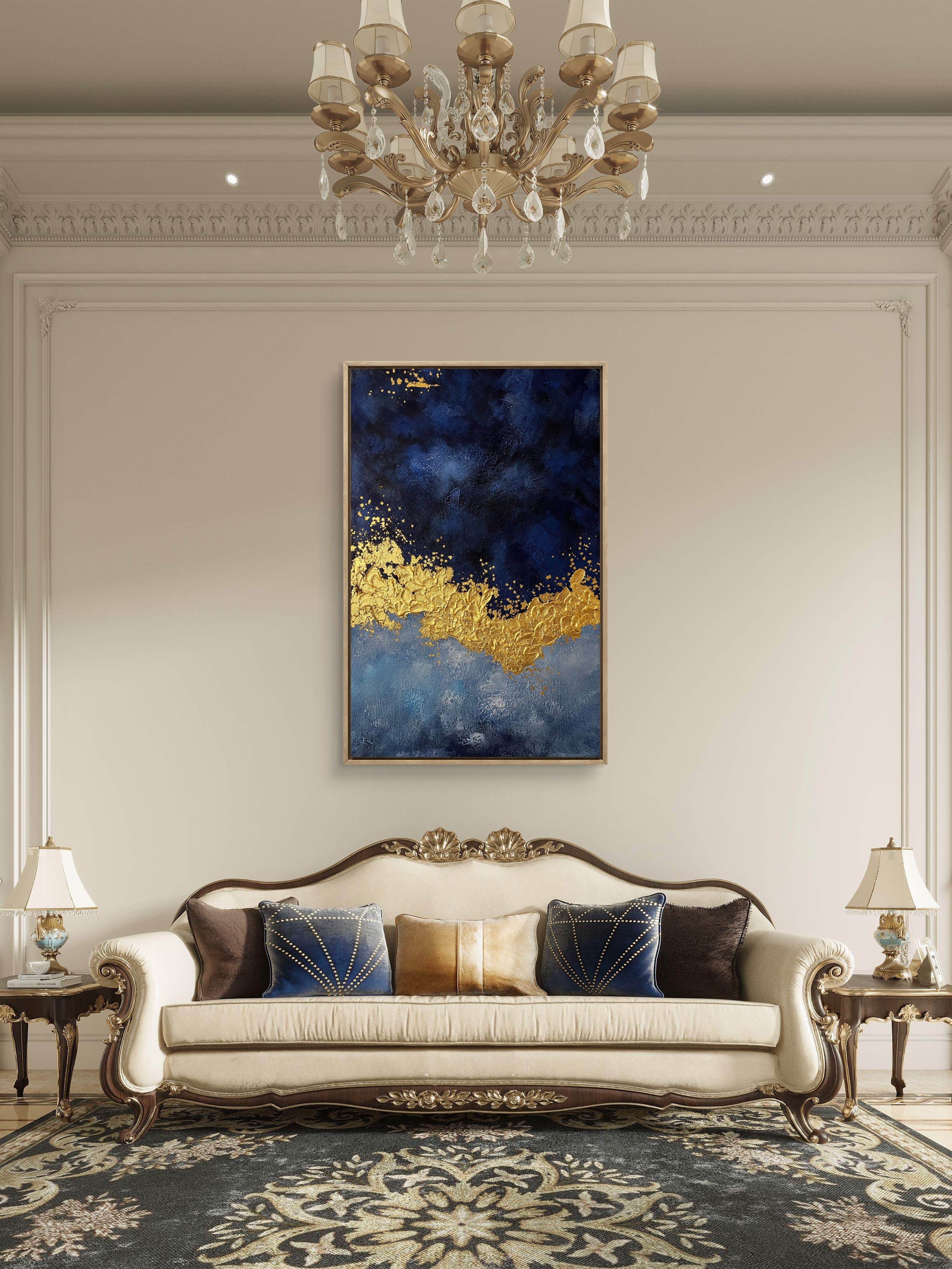 Midnight Gold Texture / Textured Abstract Canvas Wall Art in Navy Blue & Gold | Modern Home Décor