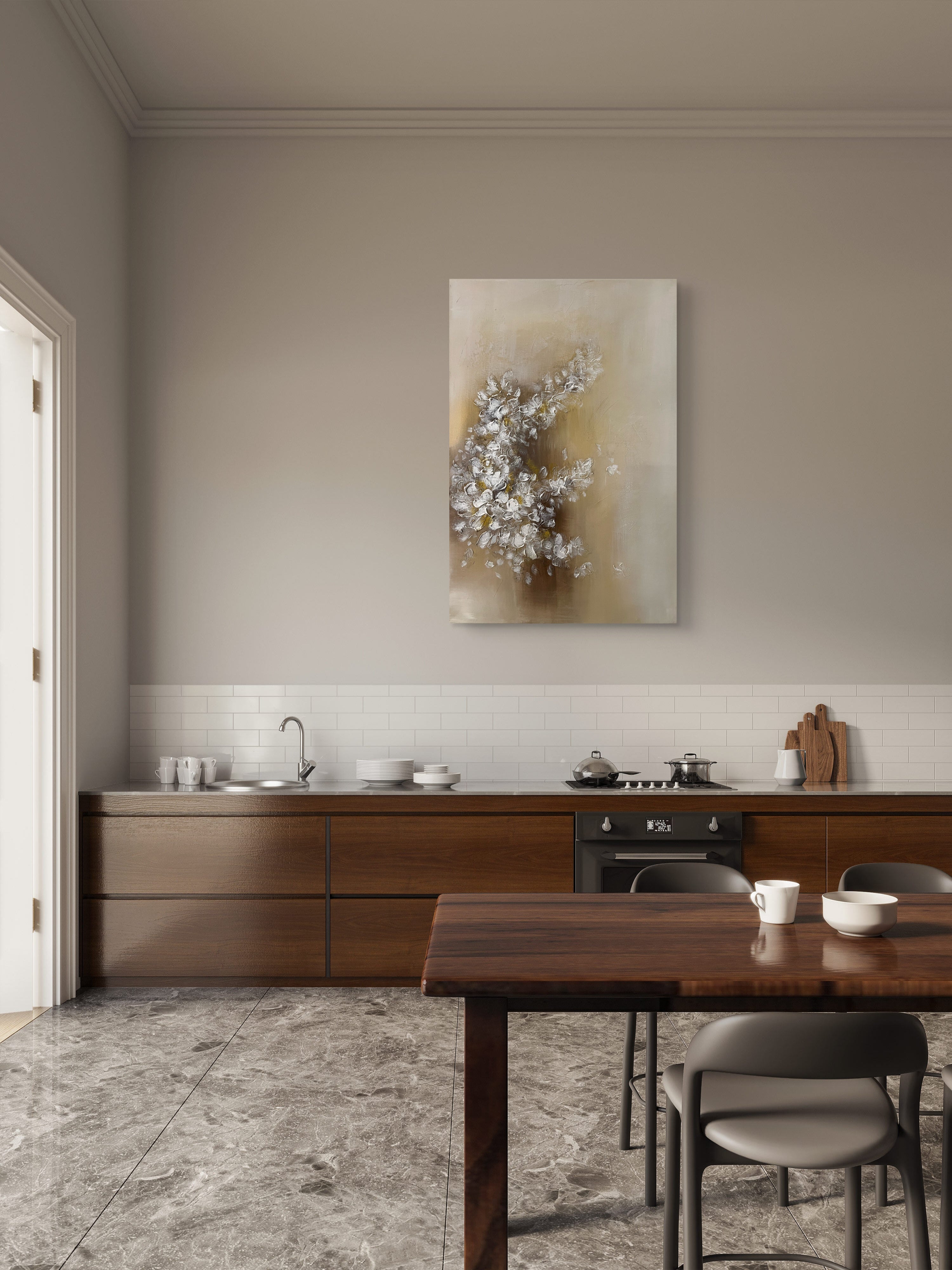 Soft Bloom Texture / Textured Floral Canvas Wall Art in Soft Beige & White | Modern Home Décor