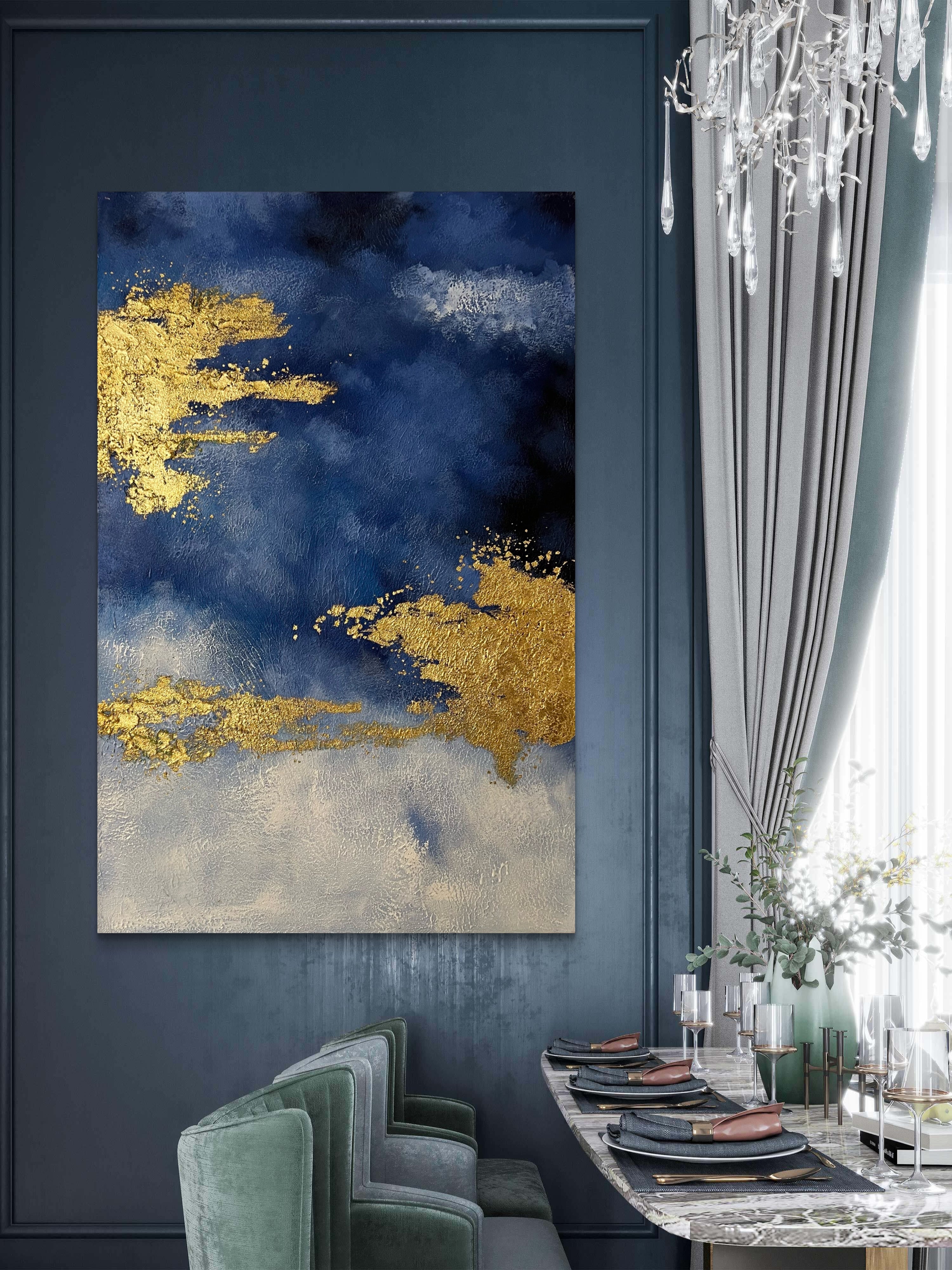 Gilded Blue Horizon / Textured Abstract Canvas Wall Art in Deep Blue & Gold | Modern Home Décor