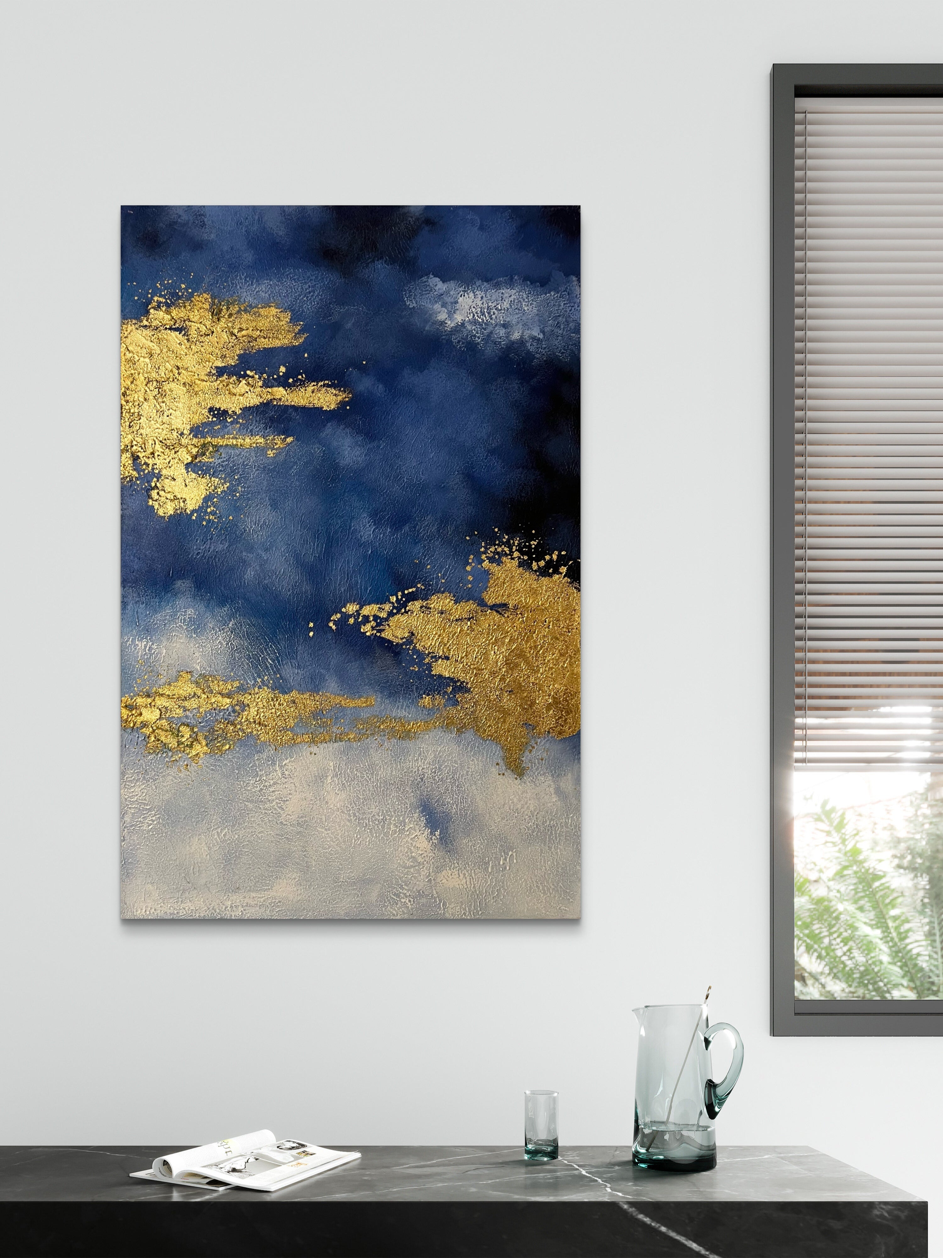 Gilded Blue Horizon / Textured Abstract Canvas Wall Art in Deep Blue & Gold | Modern Home Décor