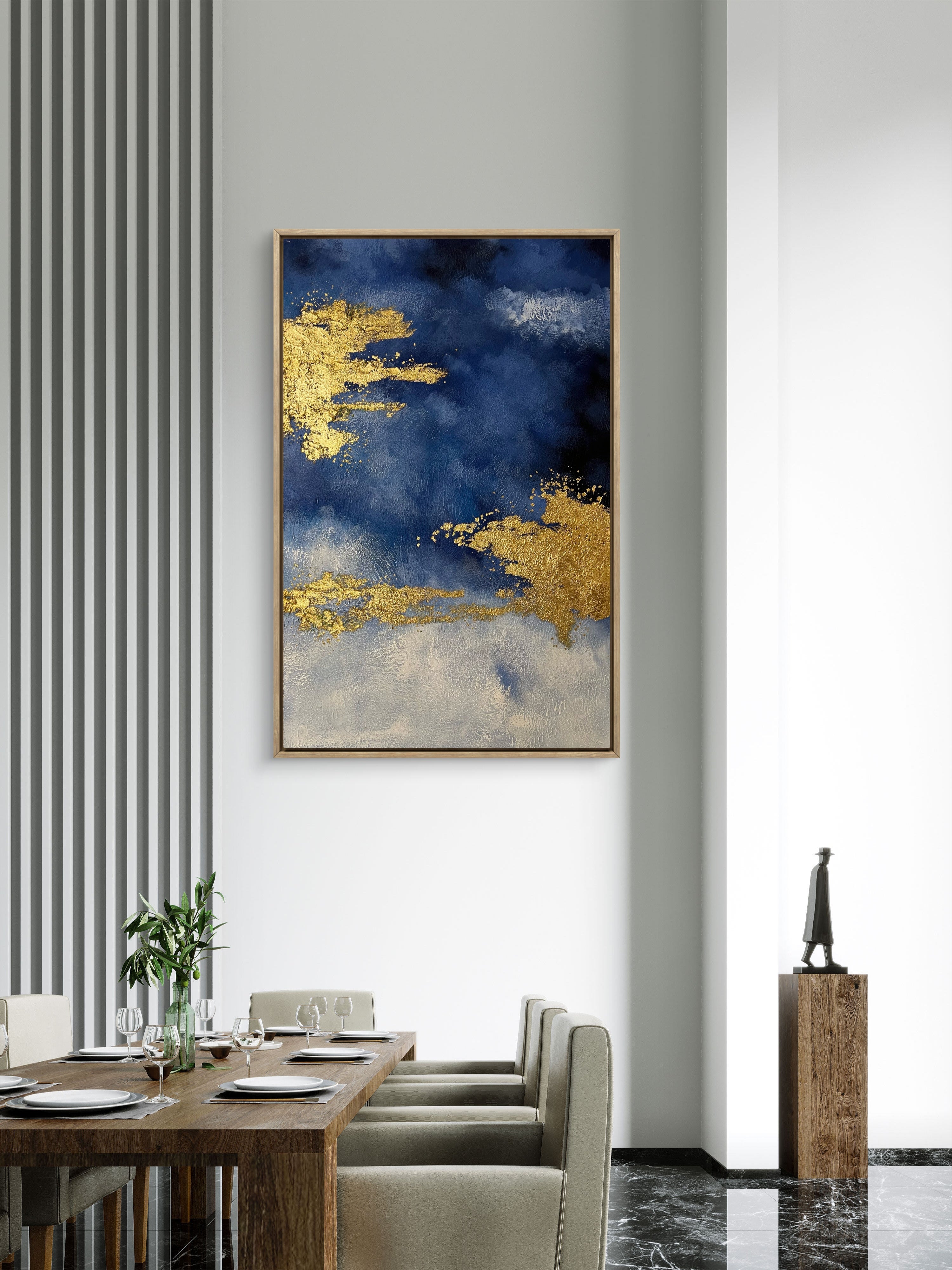 Gilded Blue Horizon / Textured Abstract Canvas Wall Art in Deep Blue & Gold | Modern Home Décor