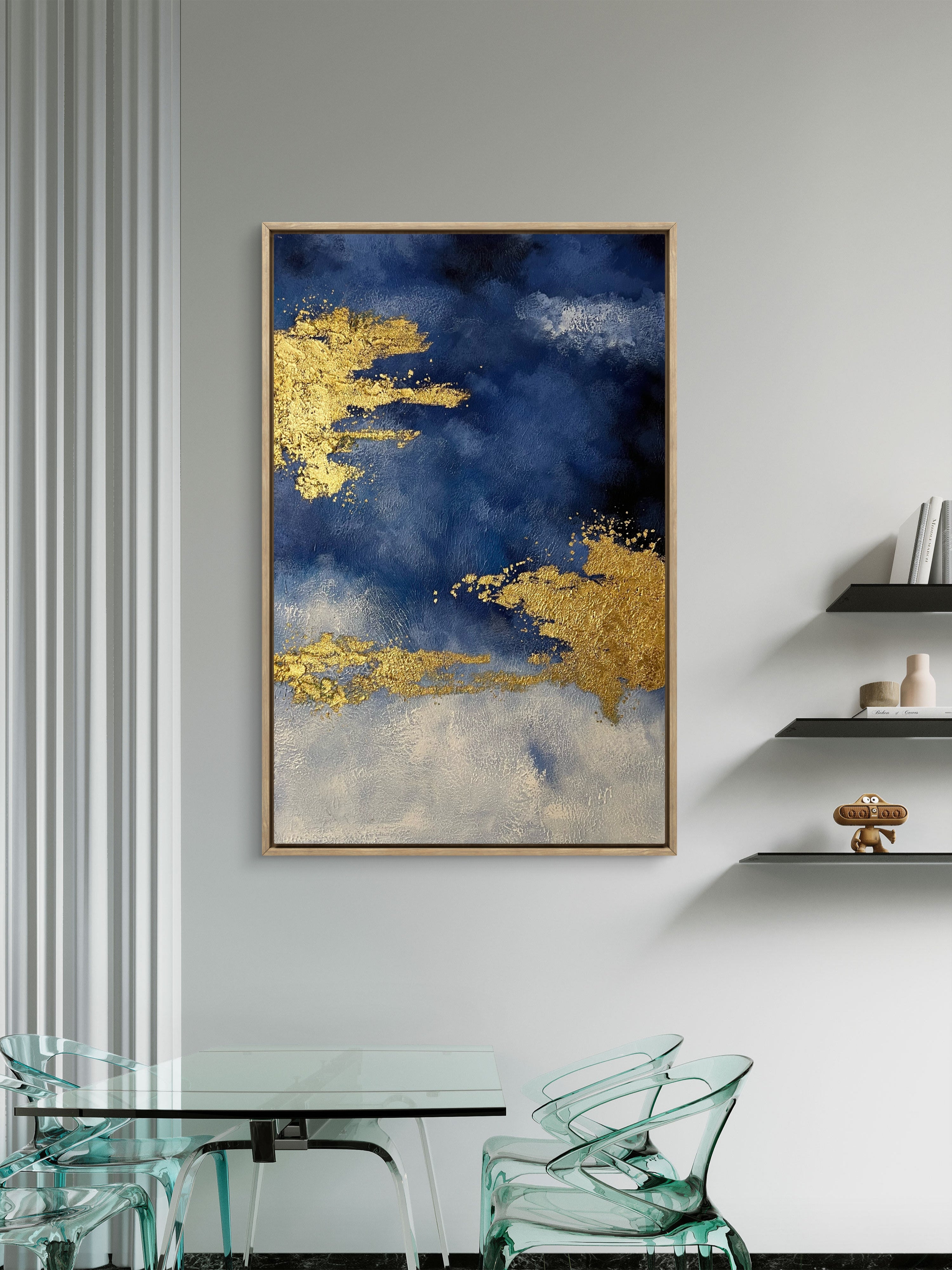 Gilded Blue Horizon / Textured Abstract Canvas Wall Art in Deep Blue & Gold | Modern Home Décor