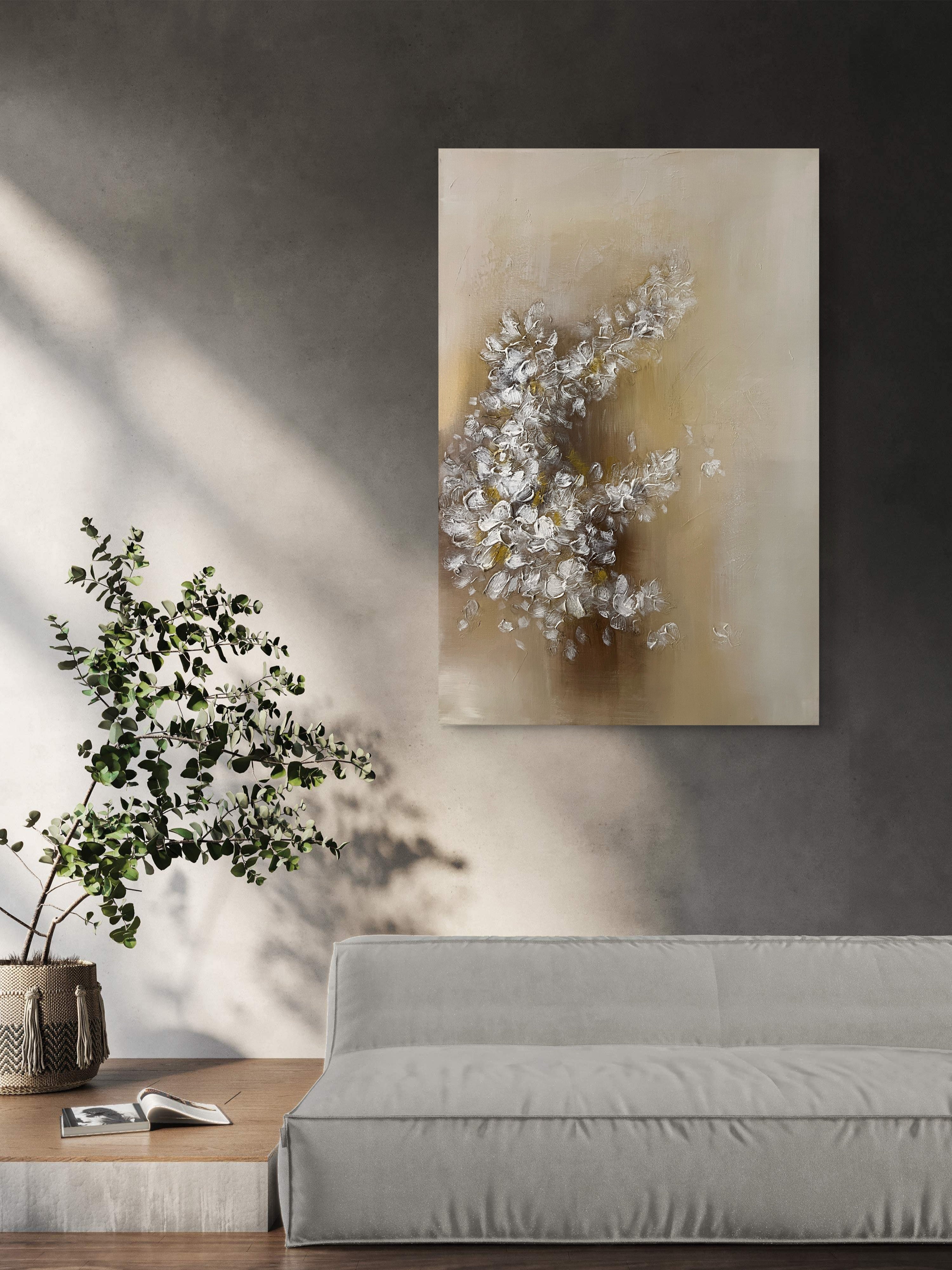 Soft Bloom Texture / Textured Floral Canvas Wall Art in Soft Beige & White | Modern Home Décor
