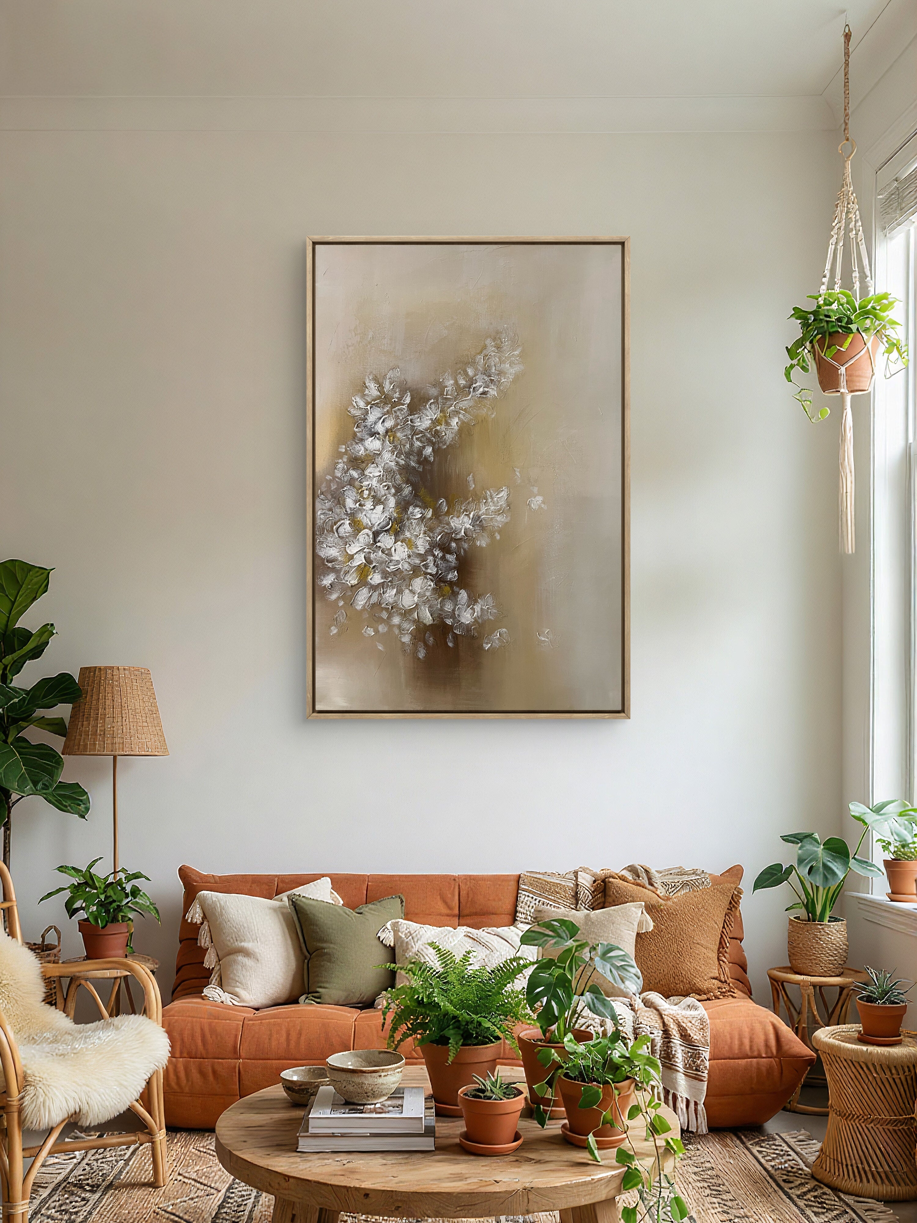 Soft Bloom Texture / Textured Floral Canvas Wall Art in Soft Beige & White | Modern Home Décor