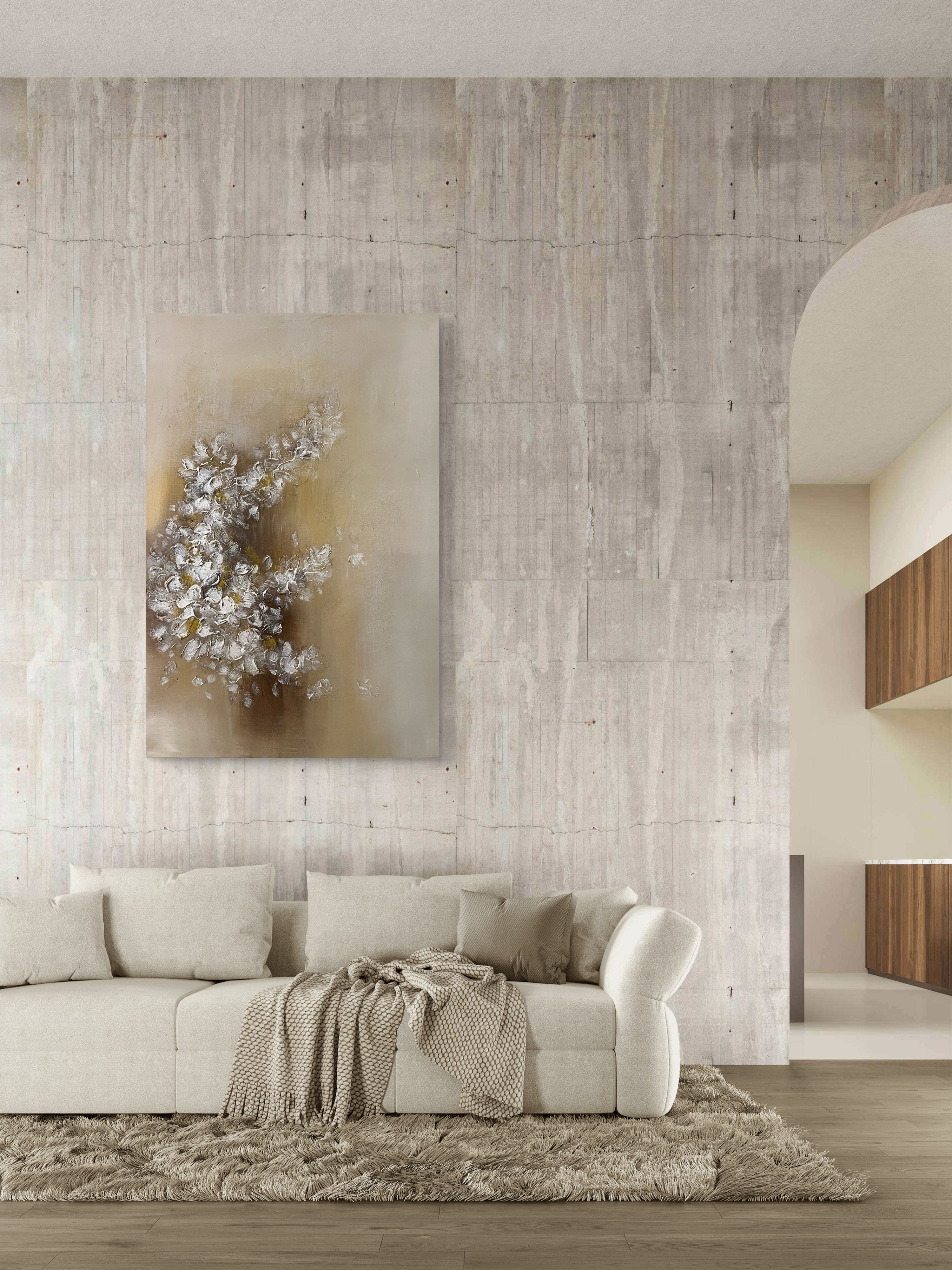 Soft Bloom Texture / Textured Floral Canvas Wall Art in Soft Beige & White | Modern Home Décor