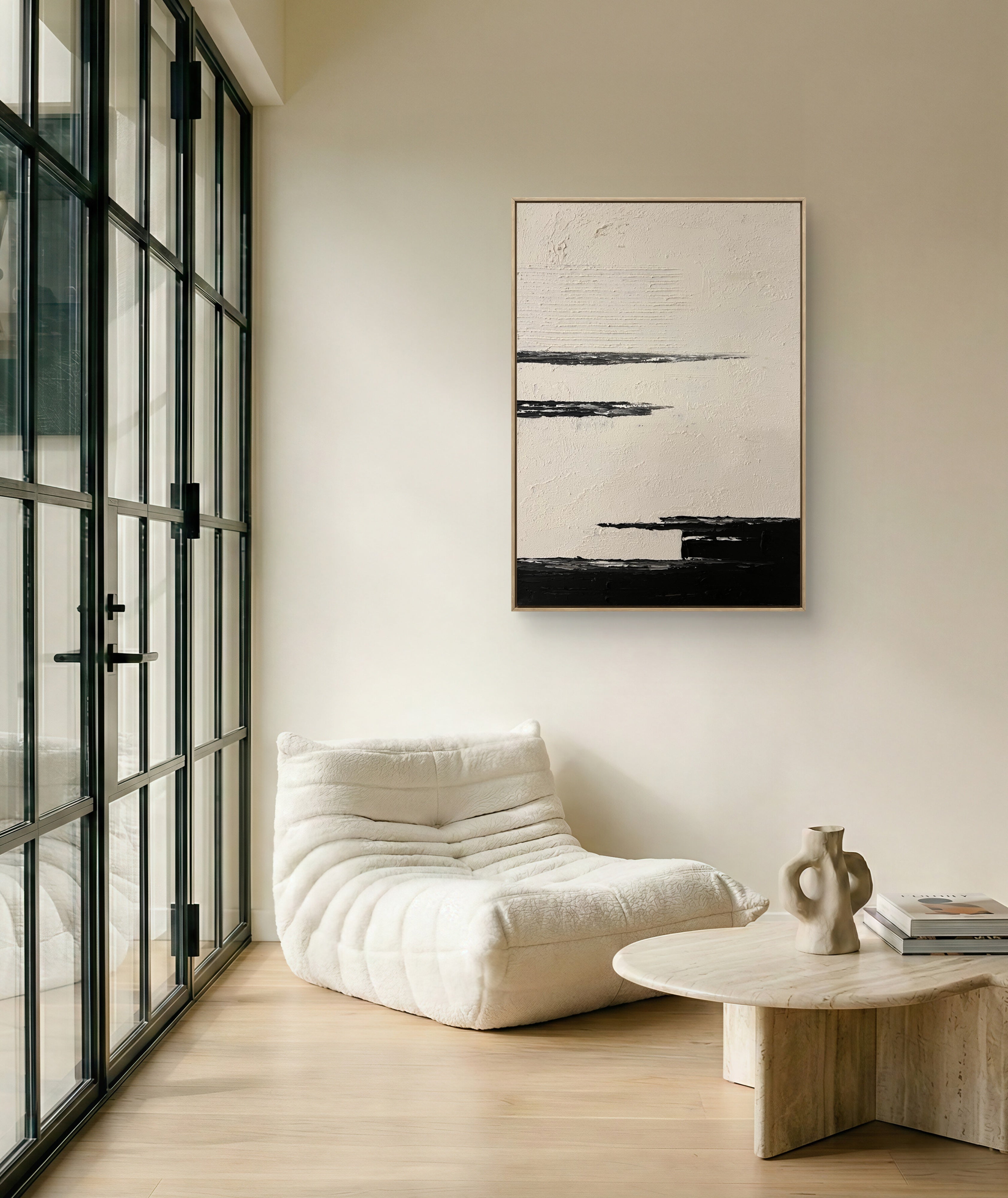 Quiet Horizon Texture / Minimalist Textured Abstract Canvas Wall Art in Black & Ivory | Modern Home Décor