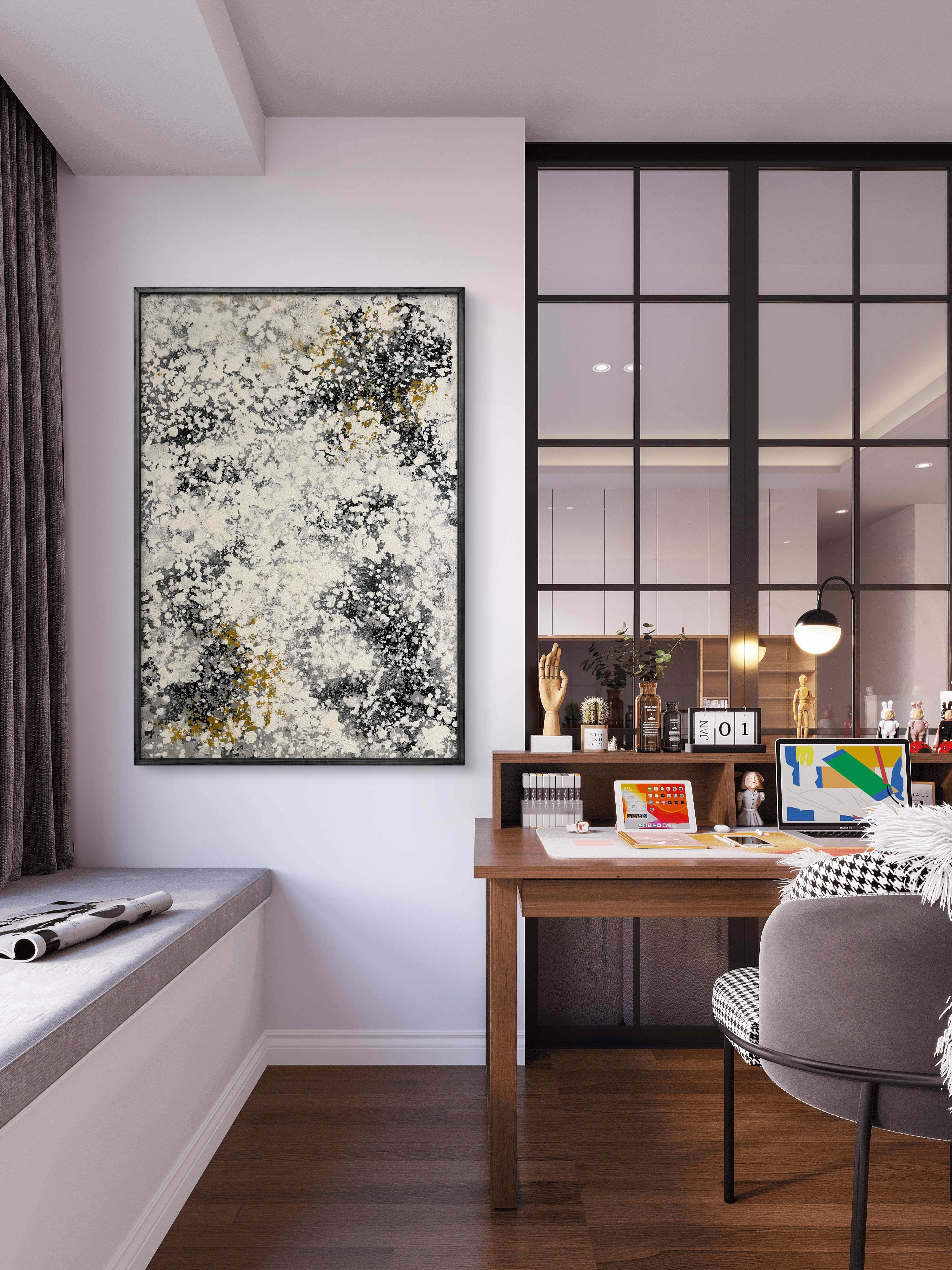 Ivory Mist Texture / Textured Abstract Canvas Wall Art in Ivory, Black & Gold | Modern Home Décor