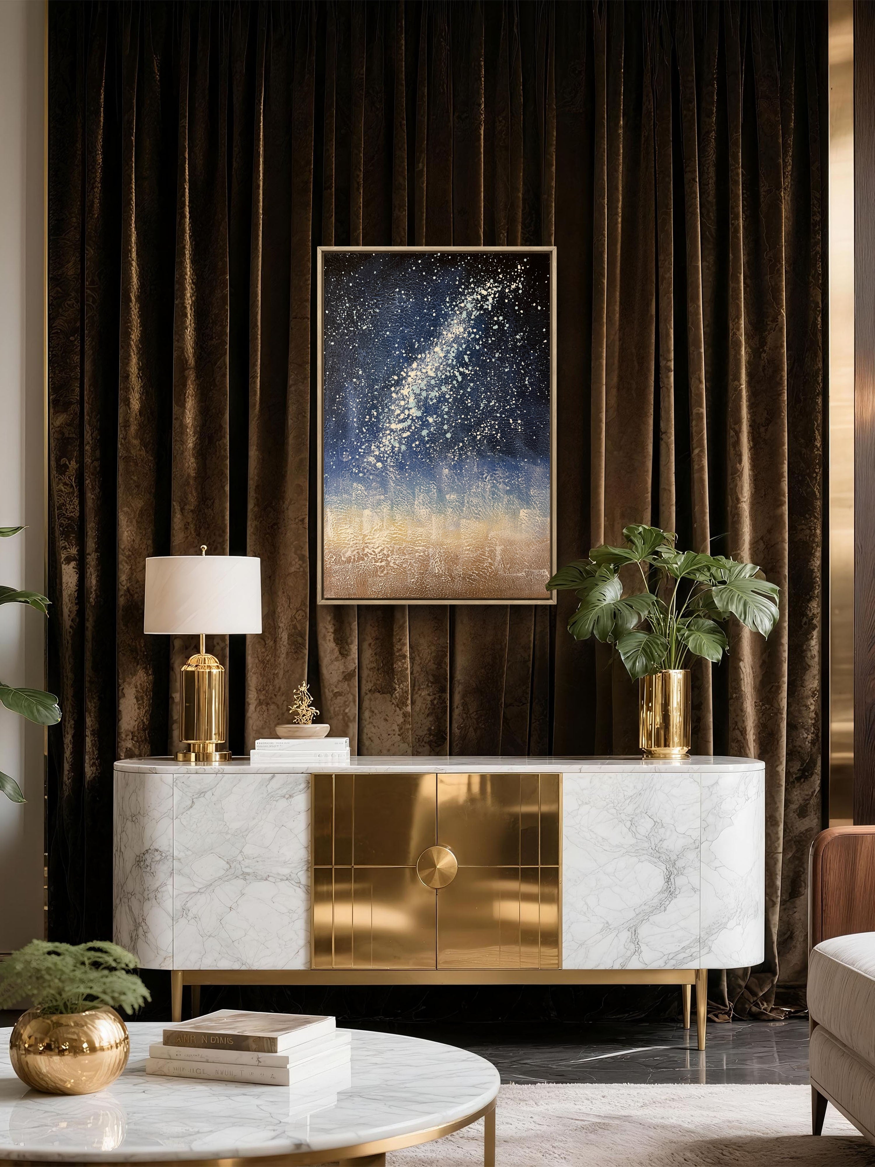 Starlit Horizon Texture / Textured Abstract Canvas Wall Art in Deep Blue & Gold | Modern Home Décor