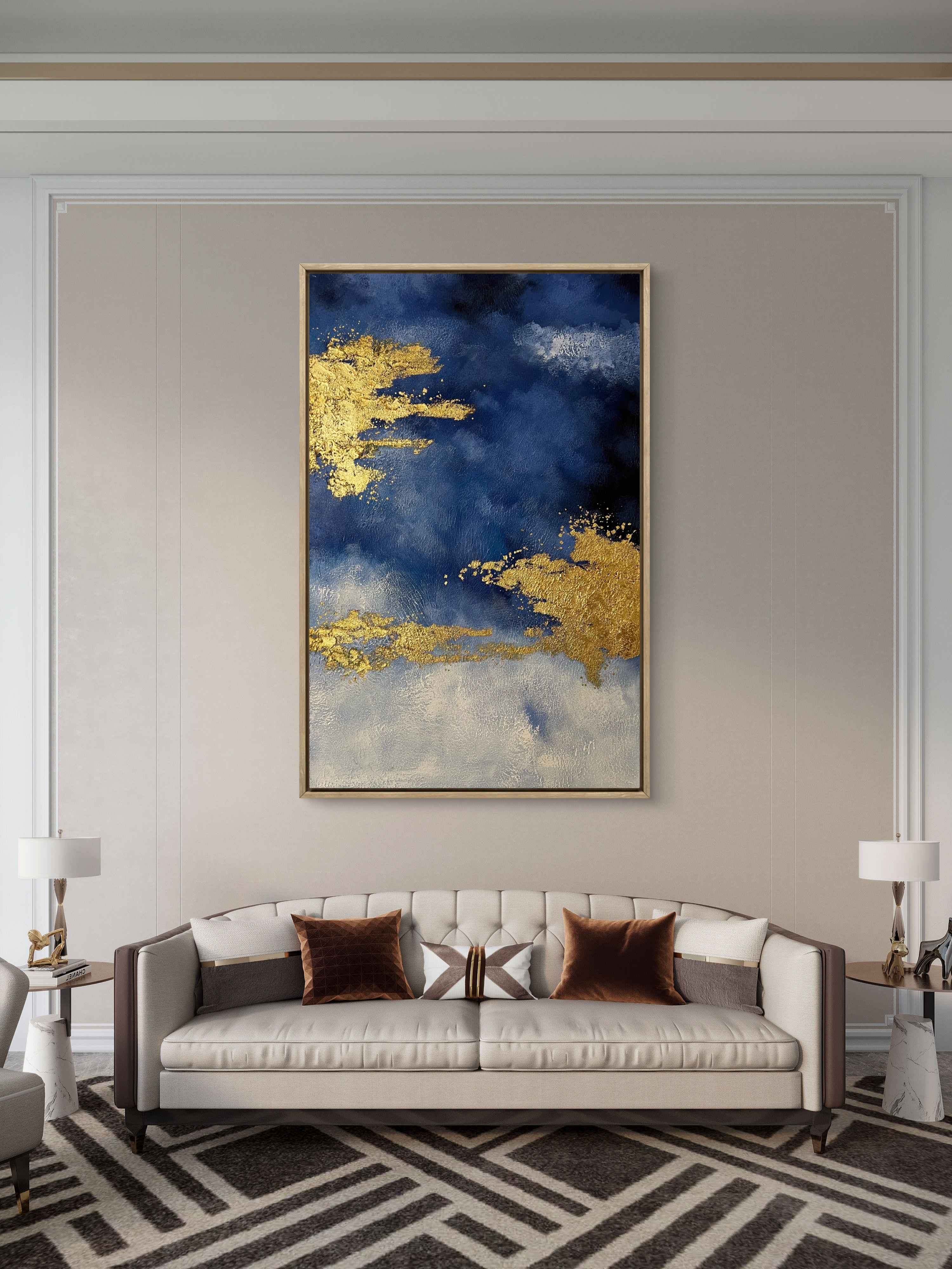 Gilded Blue Horizon / Textured Abstract Canvas Wall Art in Deep Blue & Gold | Modern Home Décor
