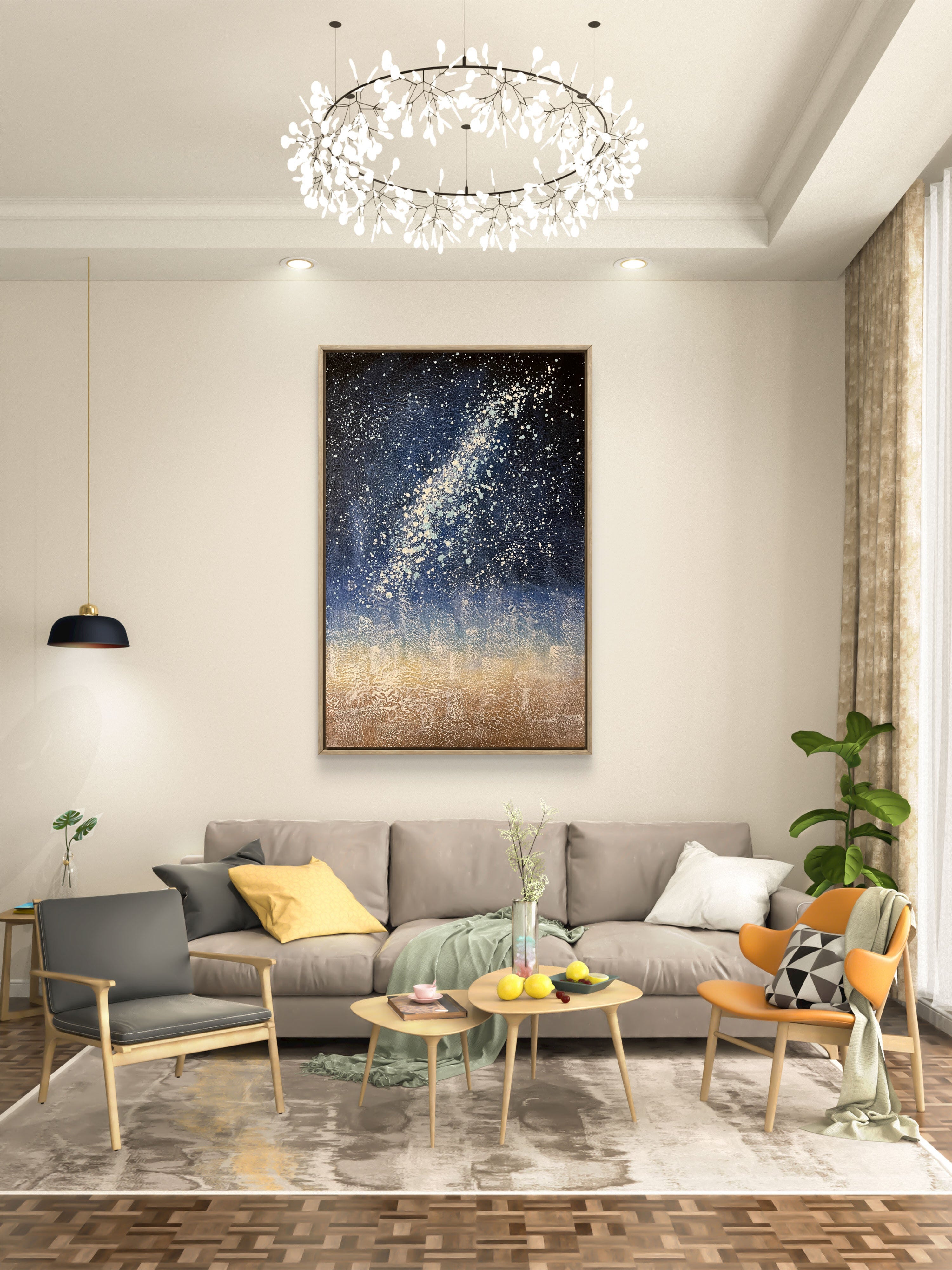 Starlit Horizon Texture / Textured Abstract Canvas Wall Art in Deep Blue & Gold | Modern Home Décor