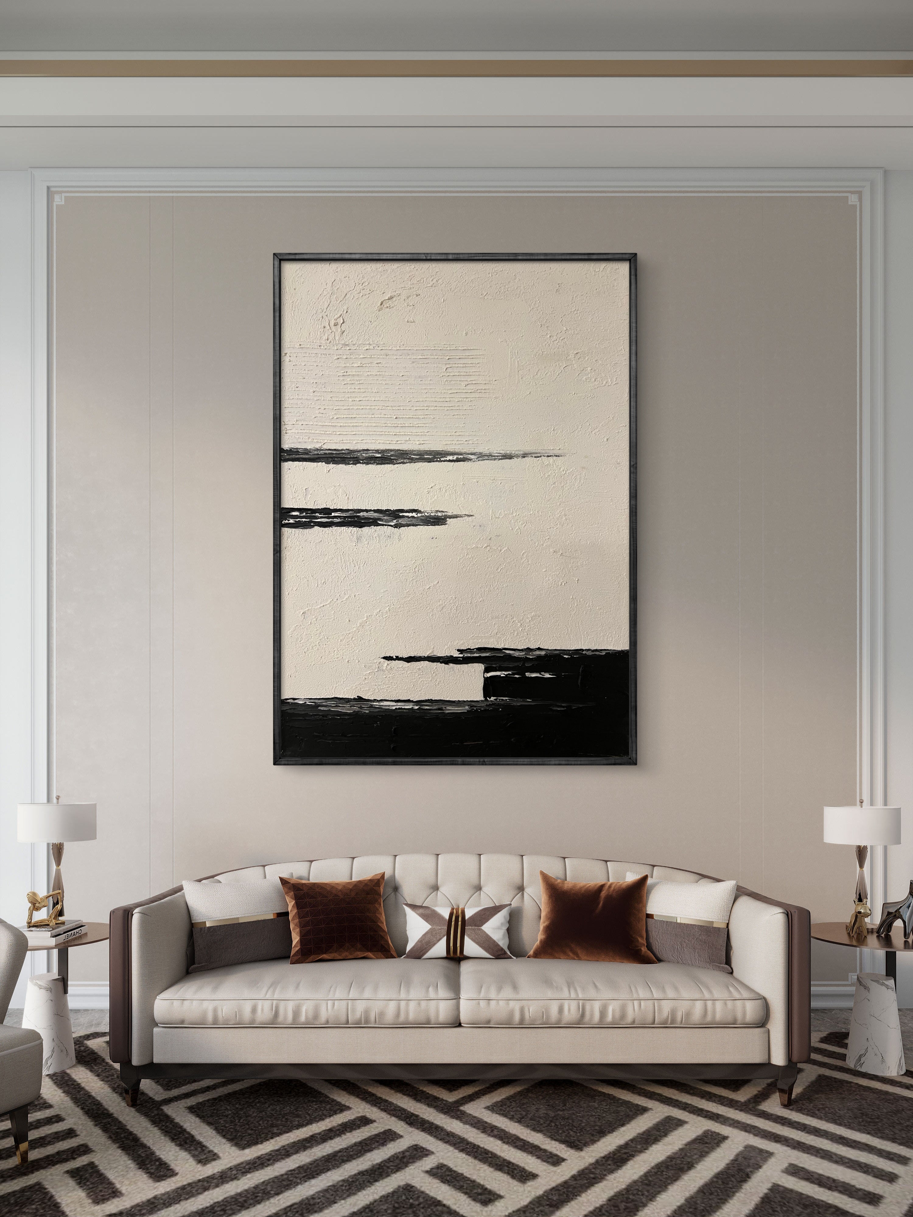 Quiet Horizon Texture / Minimalist Textured Abstract Canvas Wall Art in Black & Ivory | Modern Home Décor