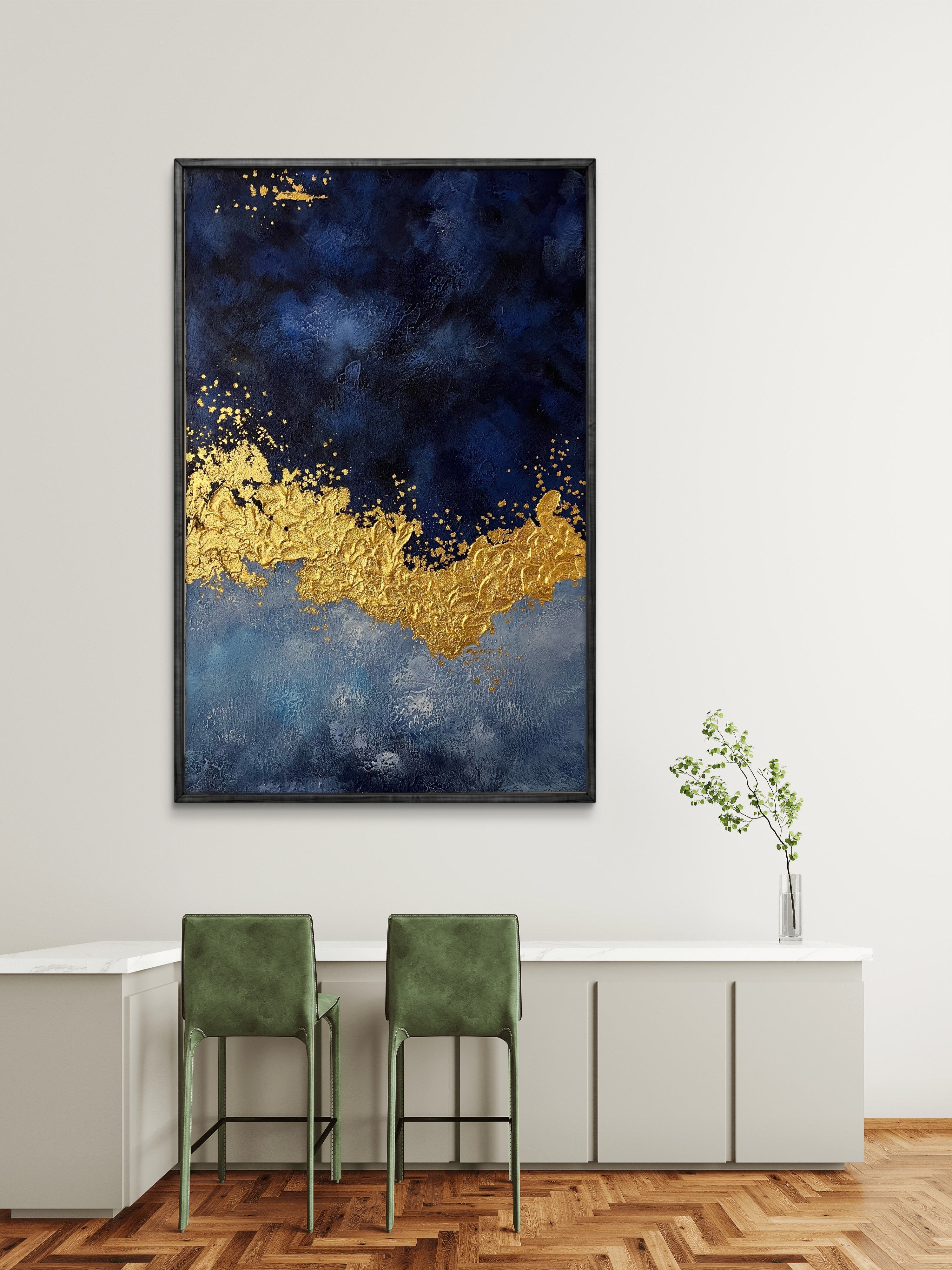 Midnight Gold Texture / Textured Abstract Canvas Wall Art in Navy Blue & Gold | Modern Home Décor