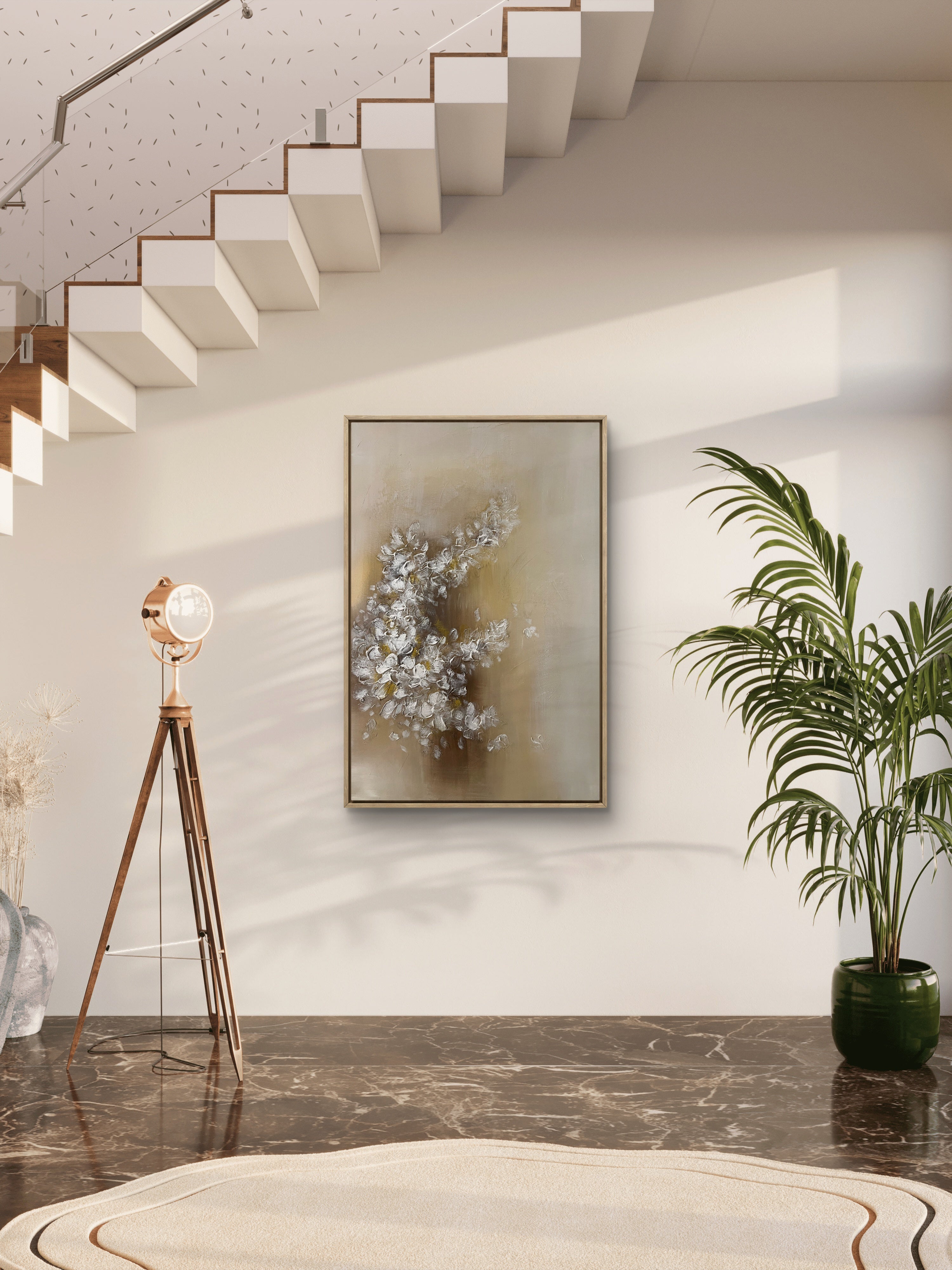 Soft Bloom Texture / Textured Floral Canvas Wall Art in Soft Beige & White | Modern Home Décor